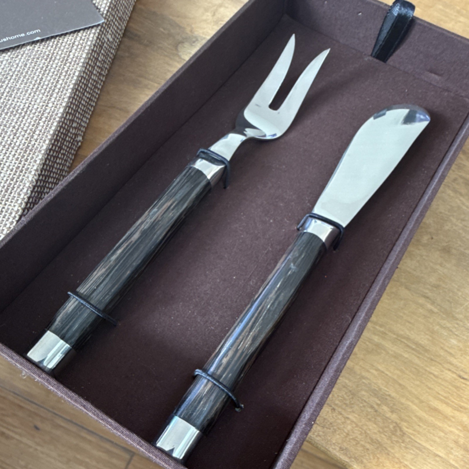 NEW Atticus Cheese Knife & Fork Set Stainless Steel Wood Handles woven Gift Box