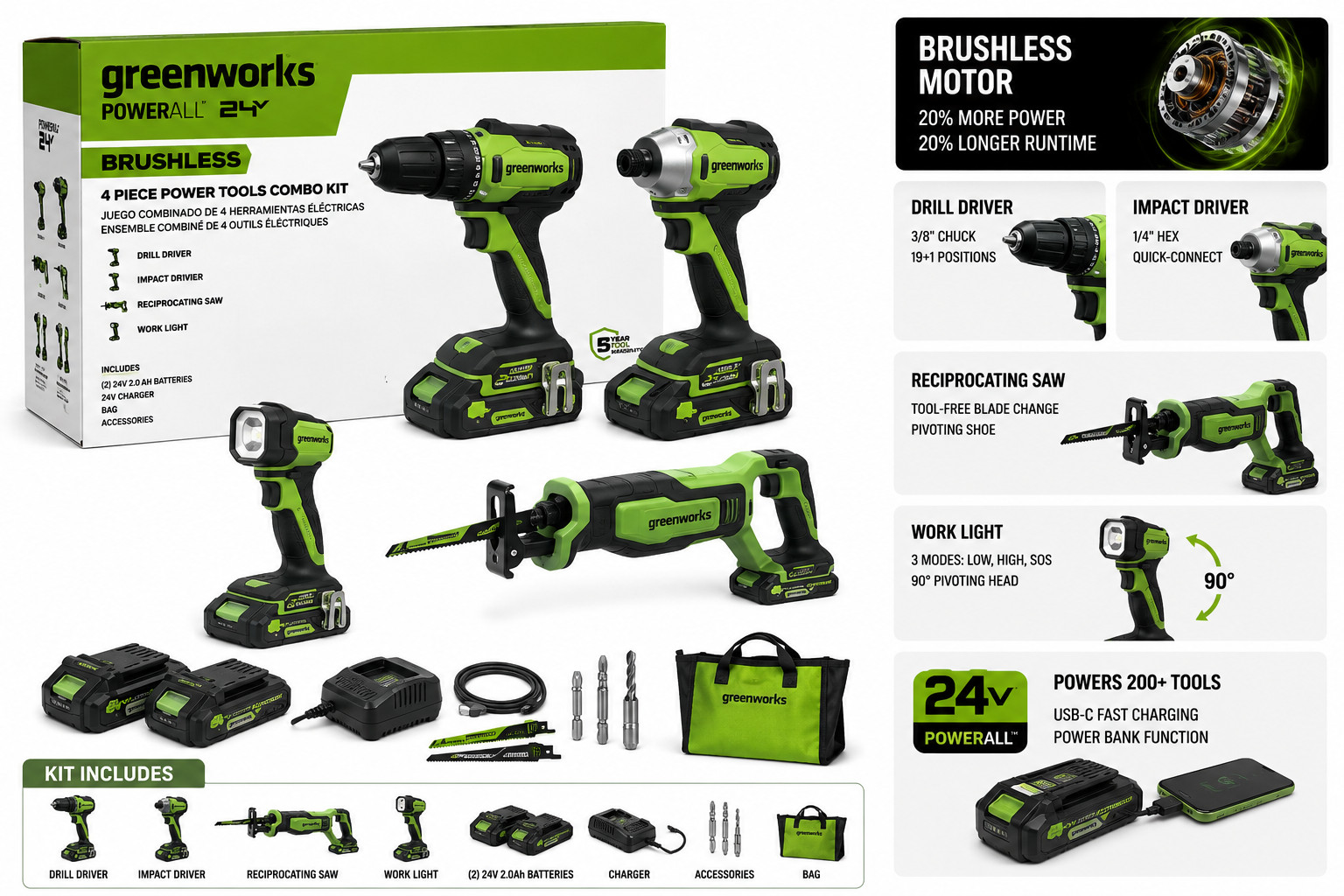 Greenworks 24V 4 Tool Combo Kit Drill Driver Impact Saw Light CK344A1
