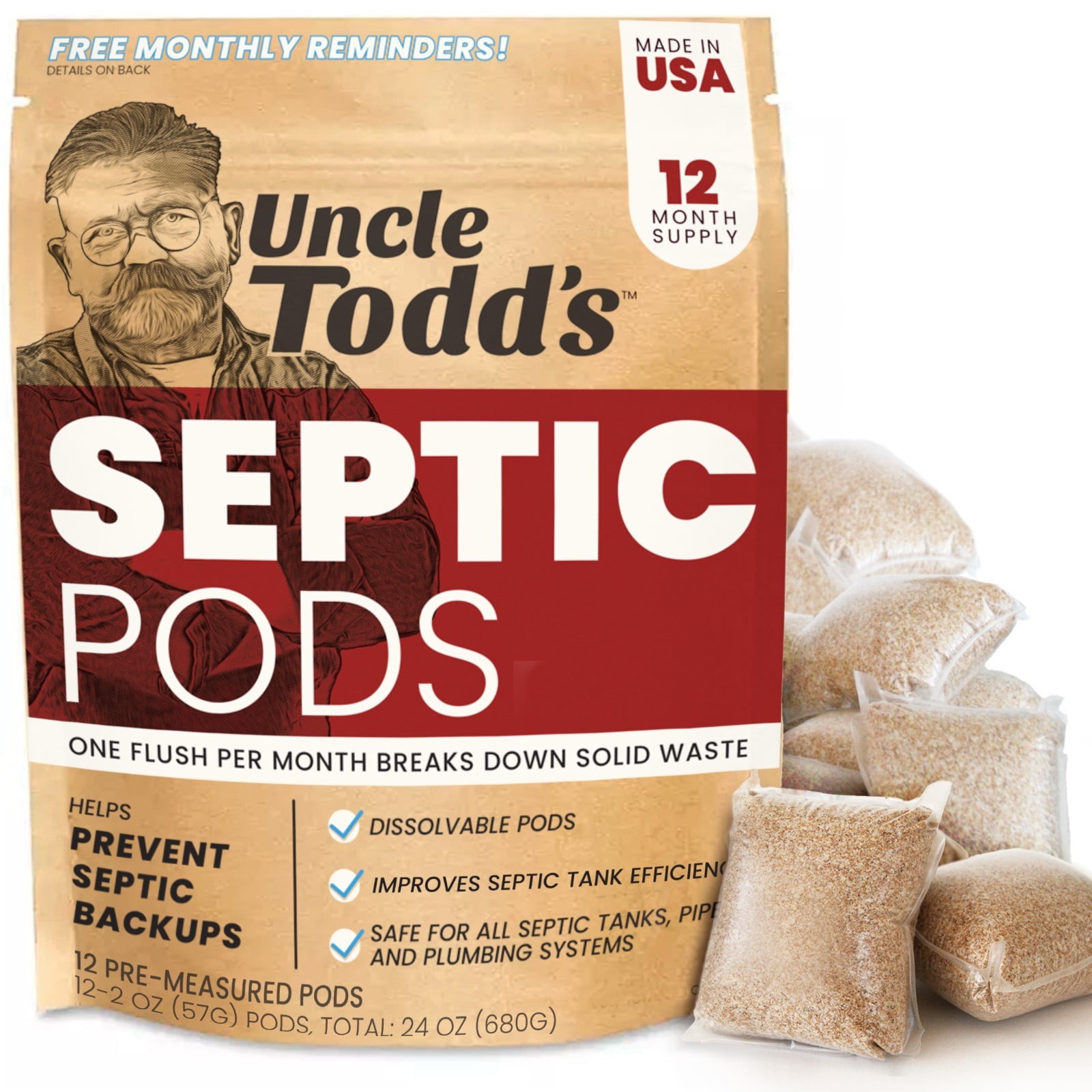 Uncle Todd’s Septic Pods 12-Pack, 1 Year Supply, 1/Month