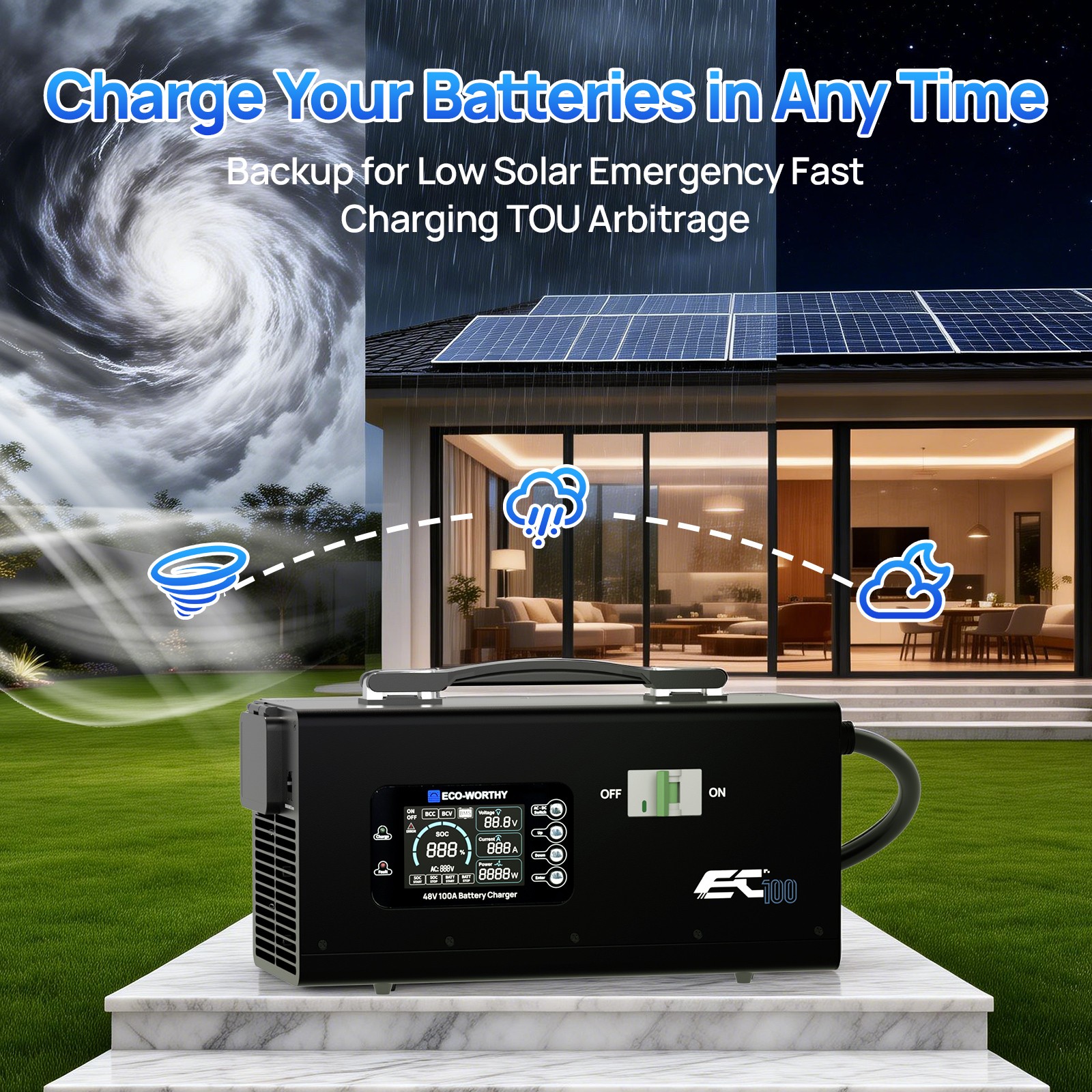 ECO-WORTHY 48V 100A Charger Suitable for 120/240V Generators Fast Charging