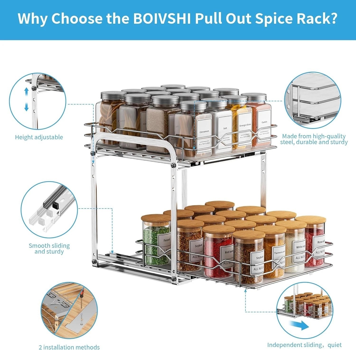 Multifunctional Chrome Spice Rack – Pull Out, Rust Resistant, 9.25”W Organizer