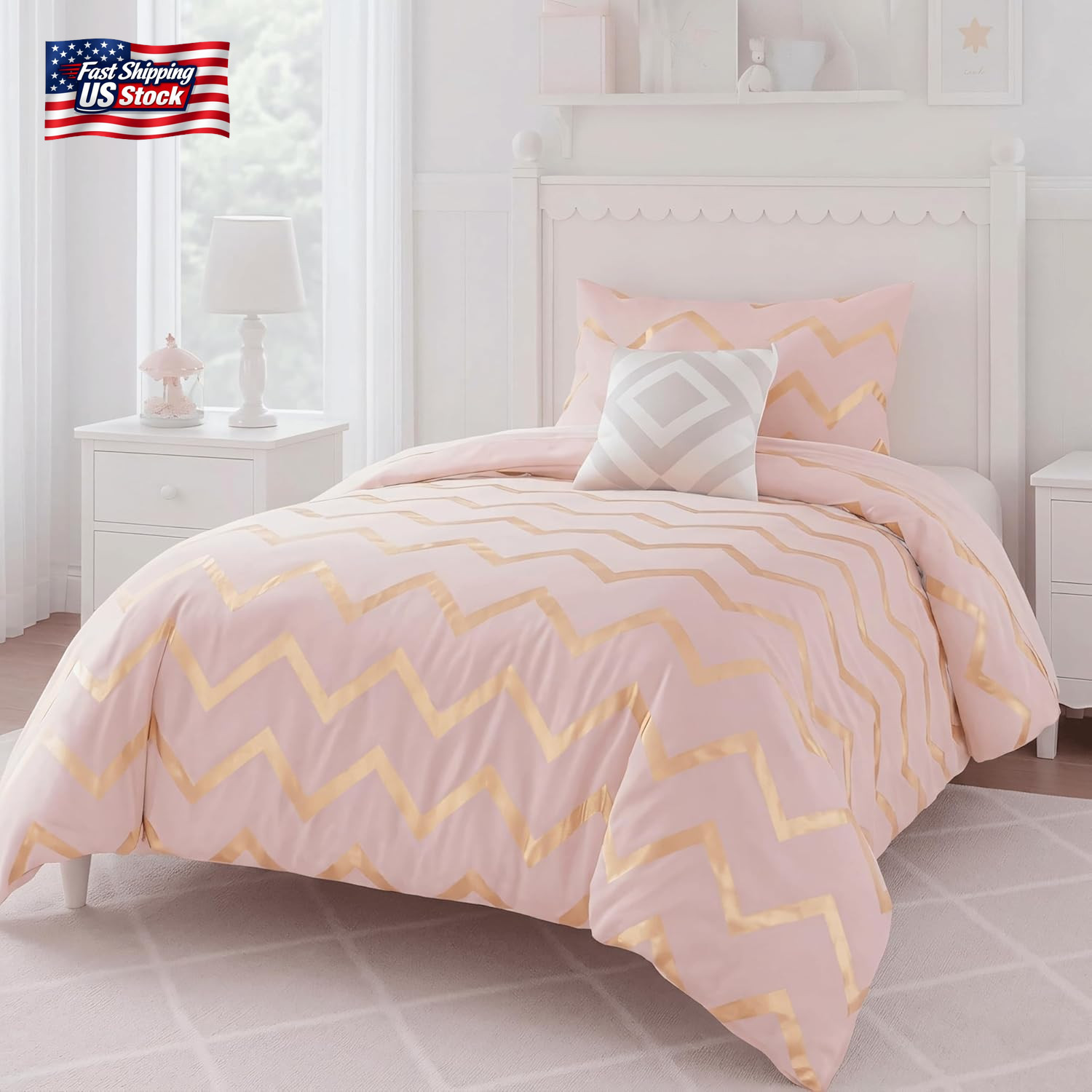 Codi Twin Comforter Set for Teens and Adults, 3-Piece Pink and Gold Bedding, War