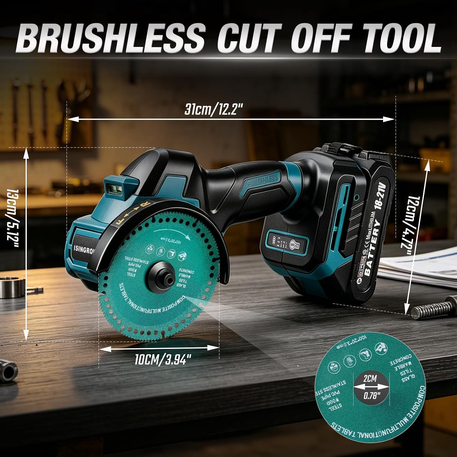 Cordless Cut off Tool with 2 Batteries, 4-Inch 21V Brushless Mini Saw Kit, 3-Spe