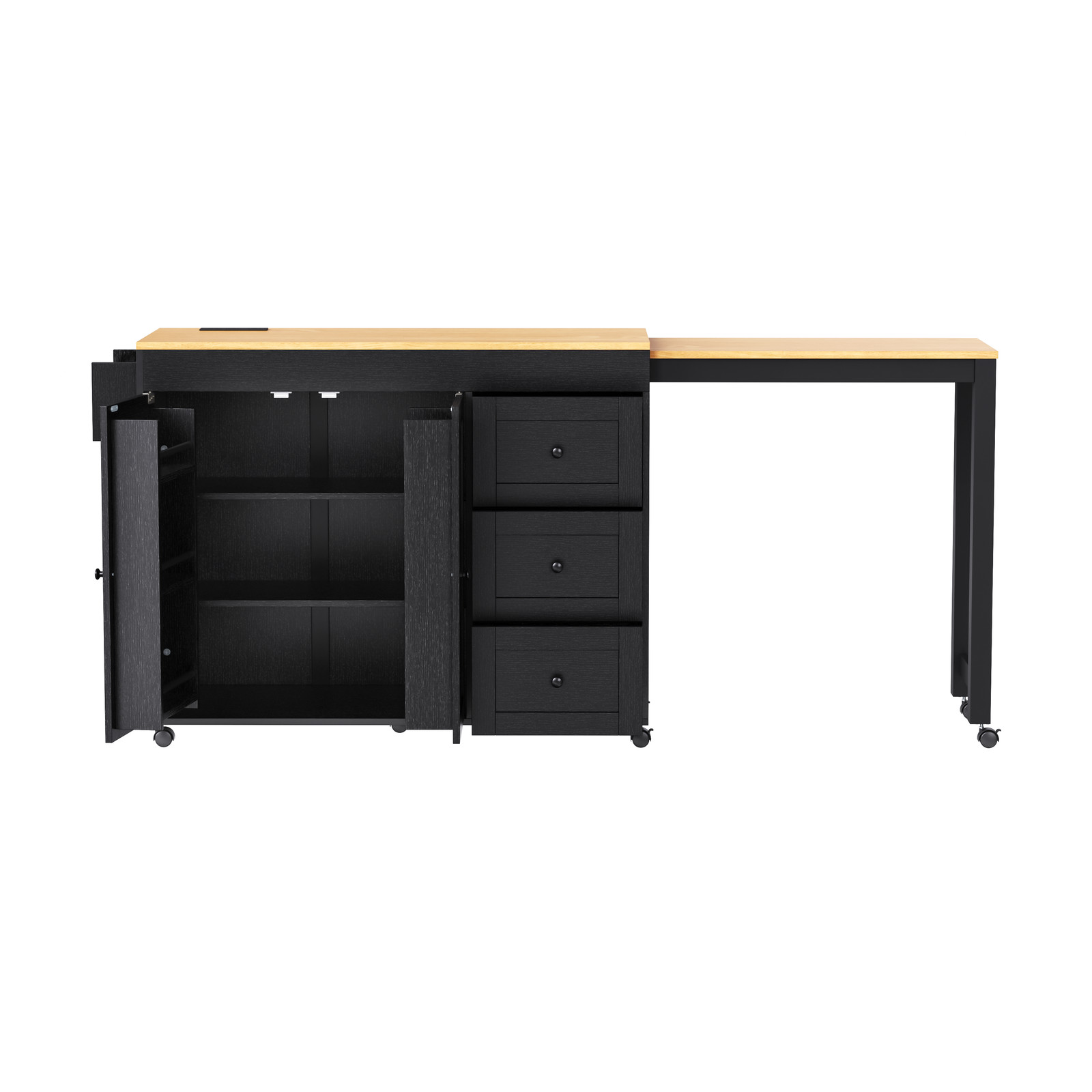 74.8 Inch Kitchen Island with Extendable Dining Table Rolling Storage Cart Power