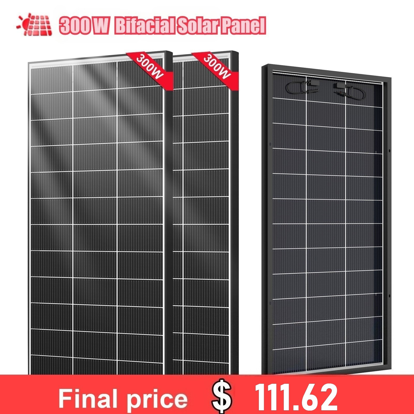 300W (600W) Bifacial N-Type Solar Panel Mono 12/24V Charging Camping Off-Grid RV