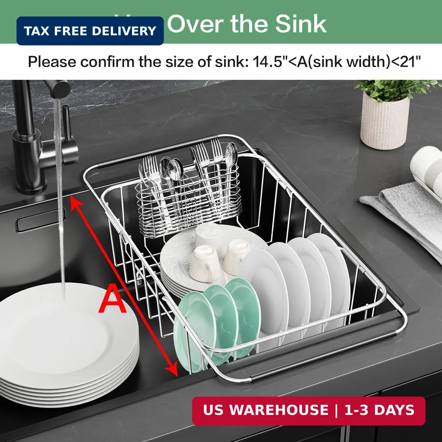 Dish Drainer Rack in Sink Adjustable, Expandable 304 Stainless Steel Metal Dish