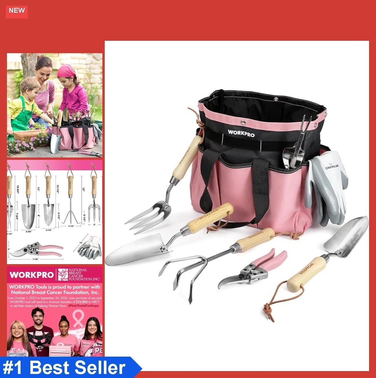 8 Piece Pink Garden Tool Set Stainless Steel Wood Handle Tote Bag Gloves