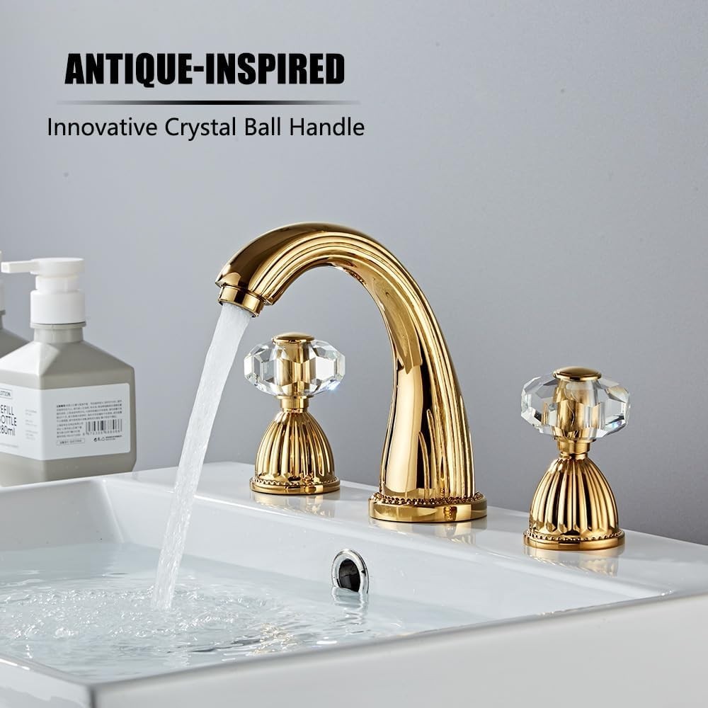 Shiny Polished Gold Widespread Bathroom Sink Faucet, Two Crystal Handle & Drain
