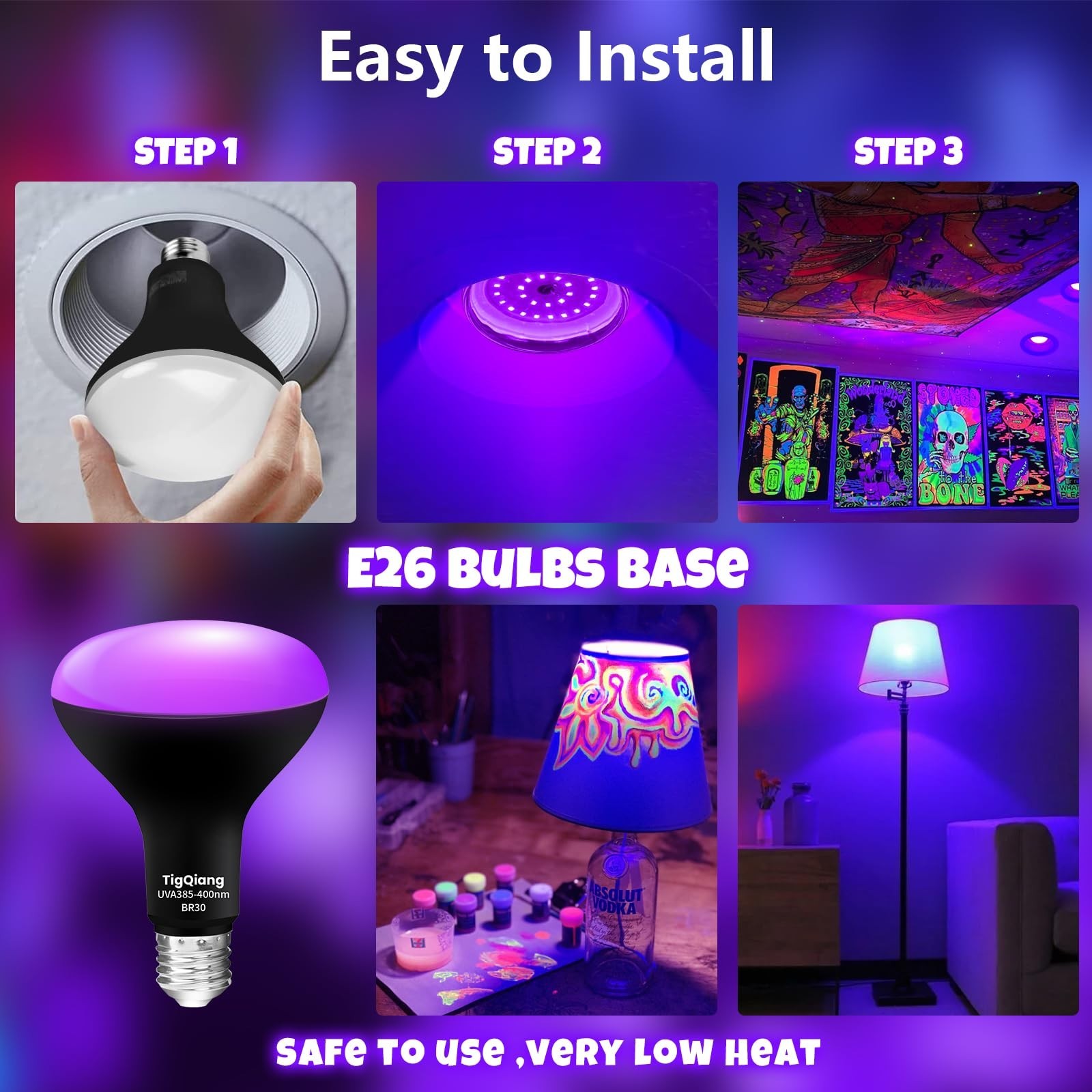 6 Pack Black Light Bulbs, 120W Equivalent E26 LED for Halloween Decor, Glow Part