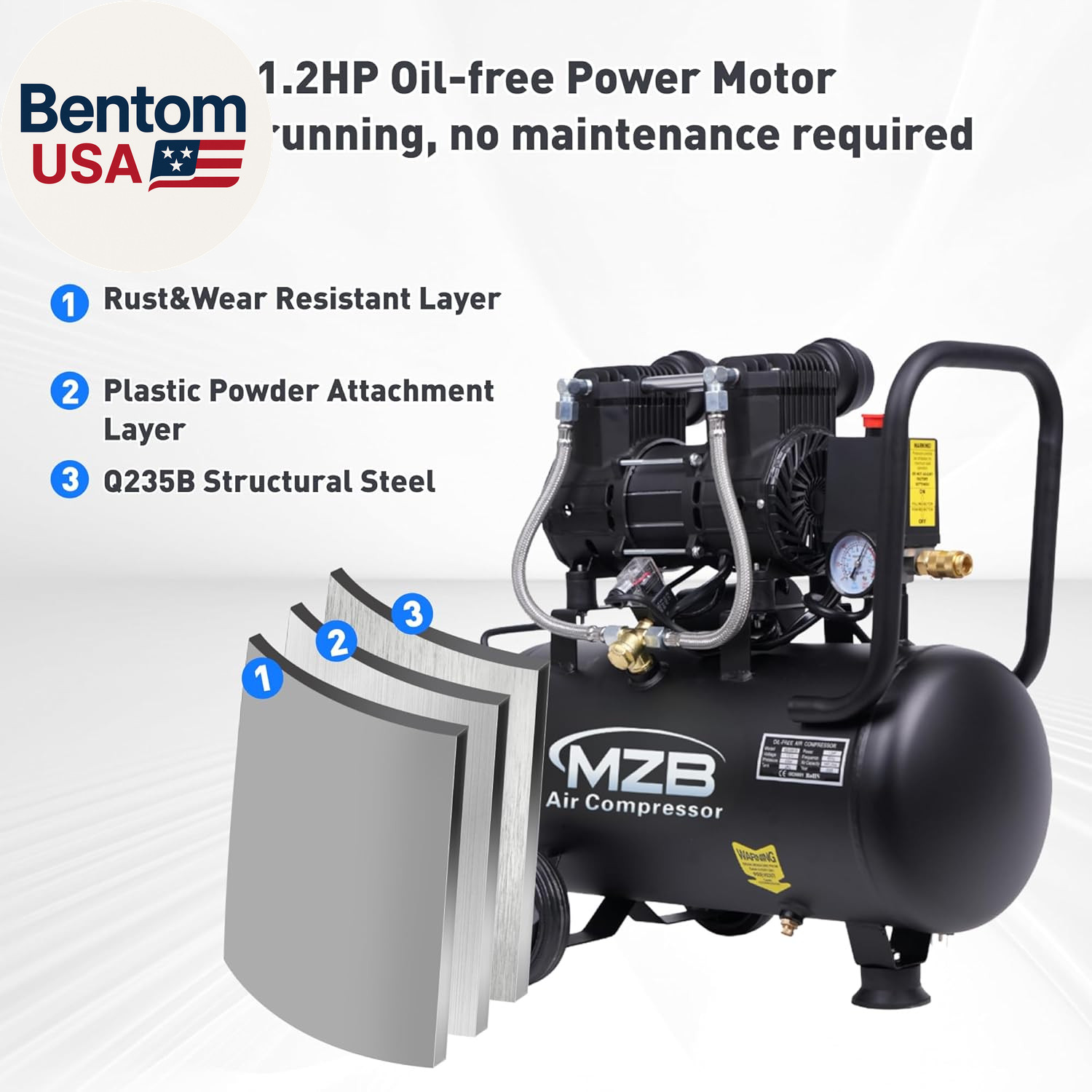 MZB 6.4 Gallon Ultra Quiet Air Compressor 110V/60Hz Steel Tanks Oil-Free 70Db No
