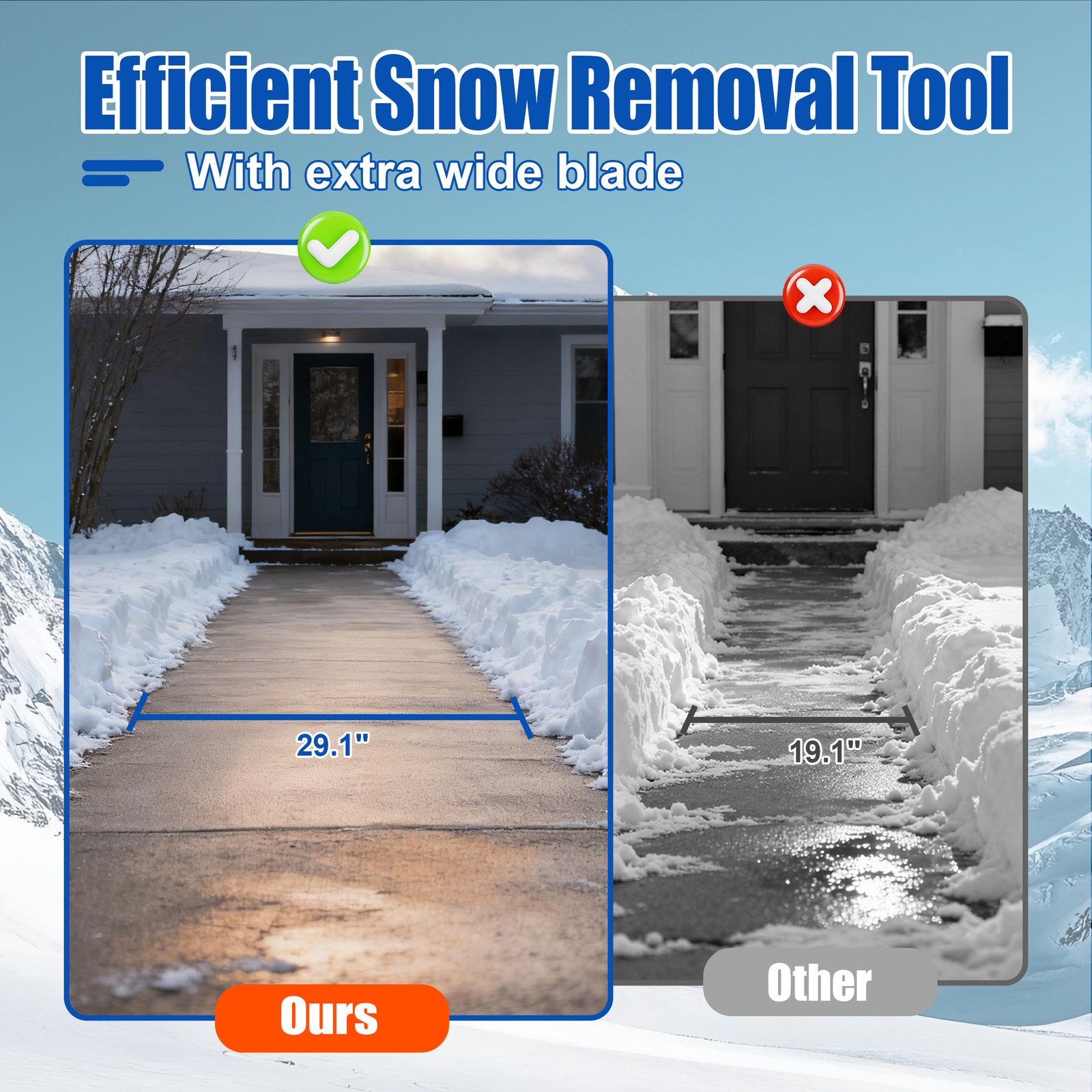 Snow Shovel Pusher w/ Adjustable Handle & Wheels for Driveway Snow Removal New