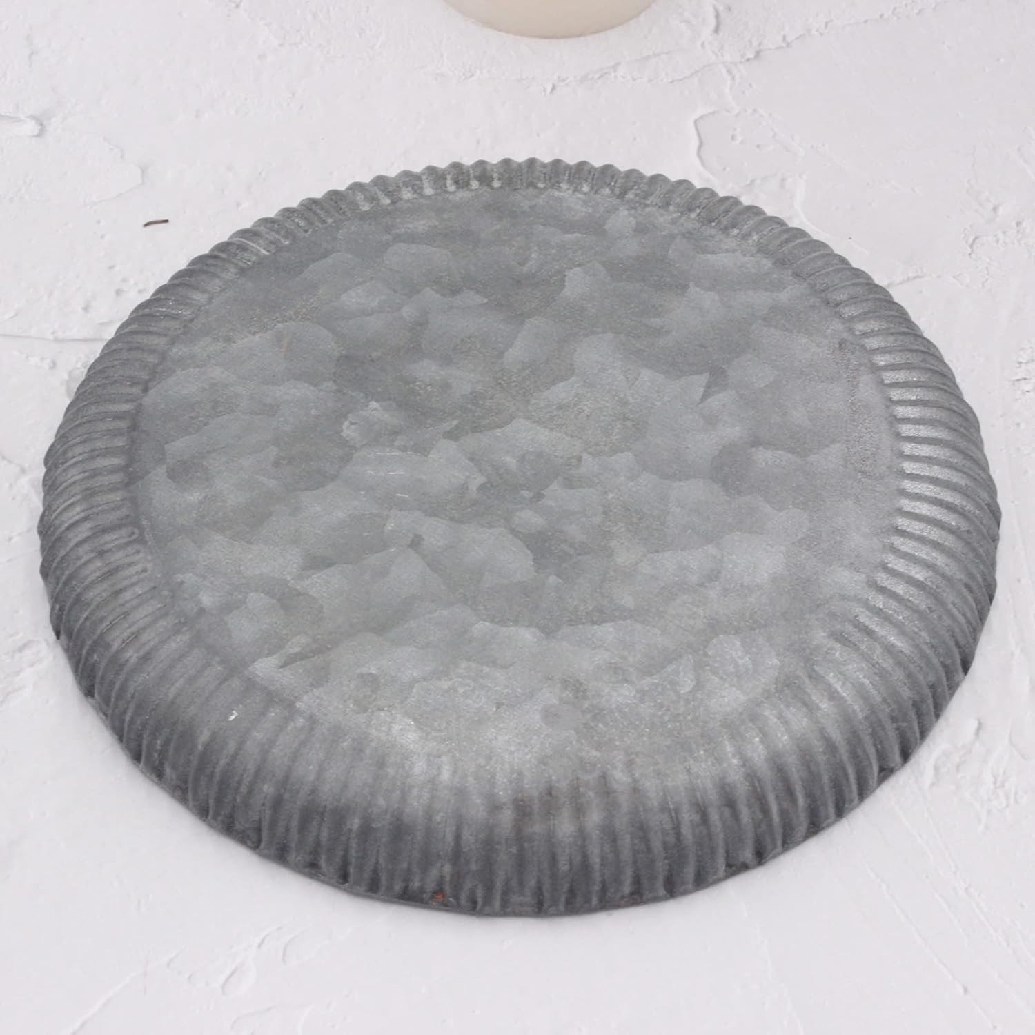 Galvanized Metal Tray Round Decorative Corrugated Edge Small 9.8in Vintage