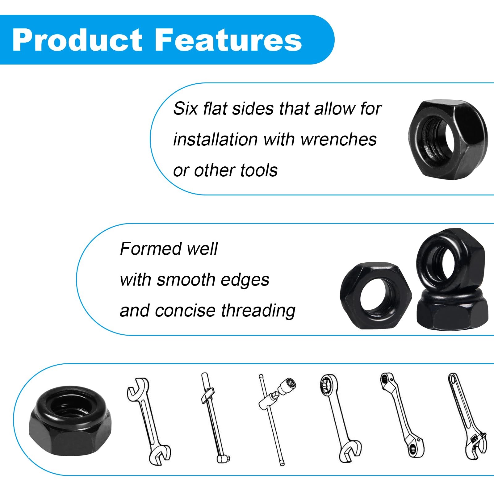 Yinpecly 50Pcs 1/4″-20 Nylon Insert Hex Lock Nuts 304 1/4″-20; 50pcs, Black