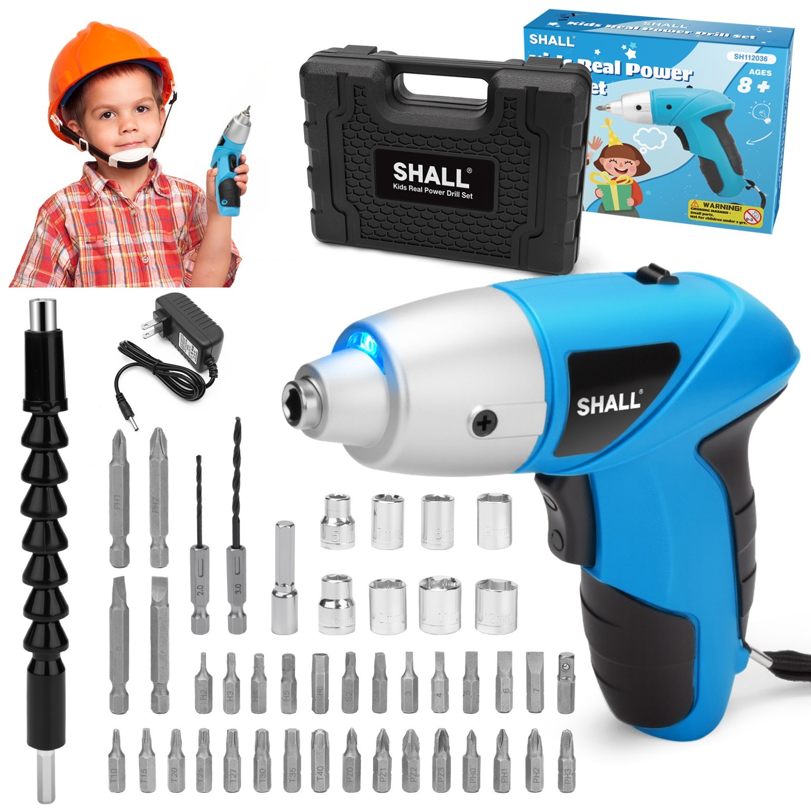 SHALL 47-pcs Kids Real Cordless Power Drill Set,Electric Screwdriver,for Age 8+
