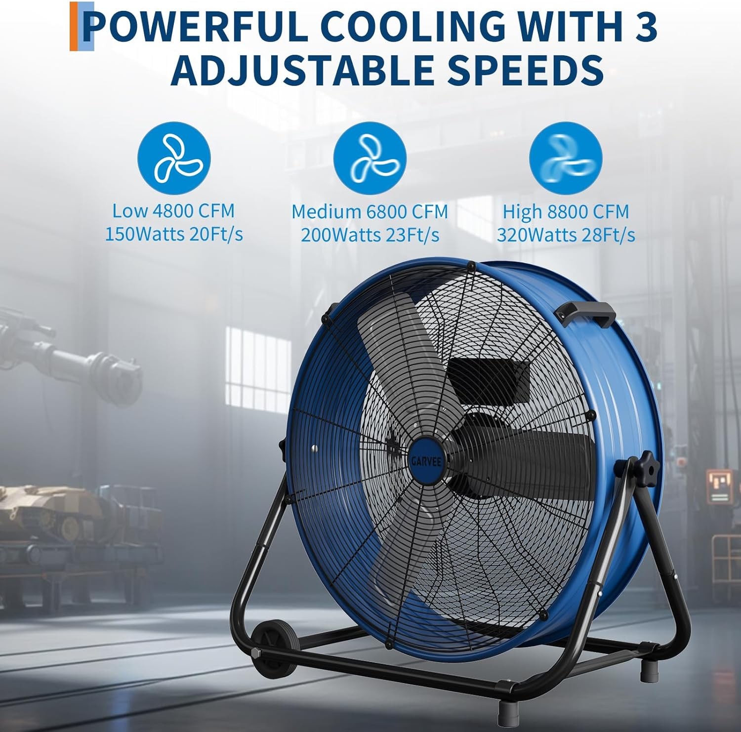 24inch High Velocity Tilt Drum Fan 3 Speed 8800CFM for Industrial Floor Fan