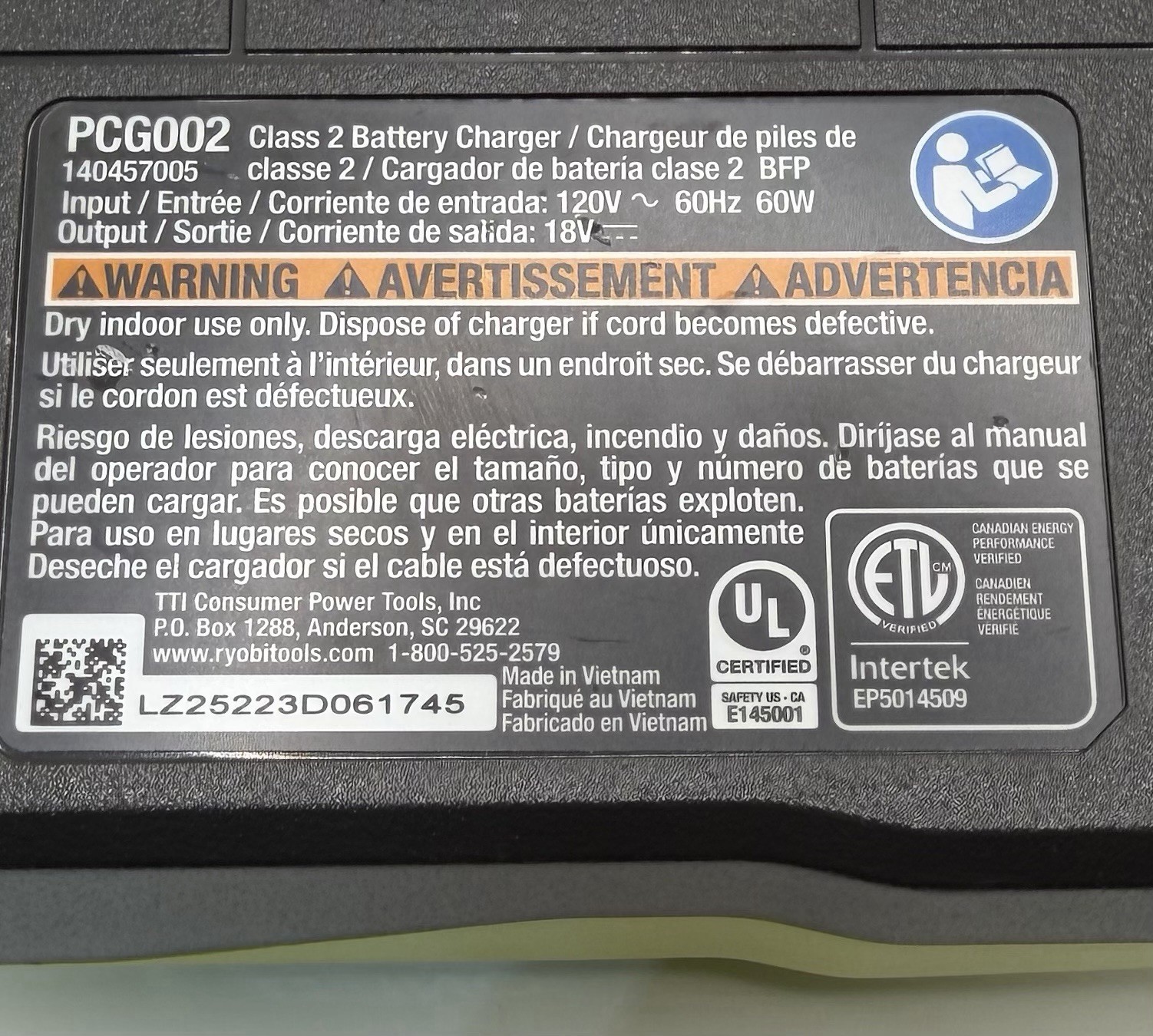 Ryobi PCG002 18V Fast Battery Charger Lithium-Ion, Tool-Only