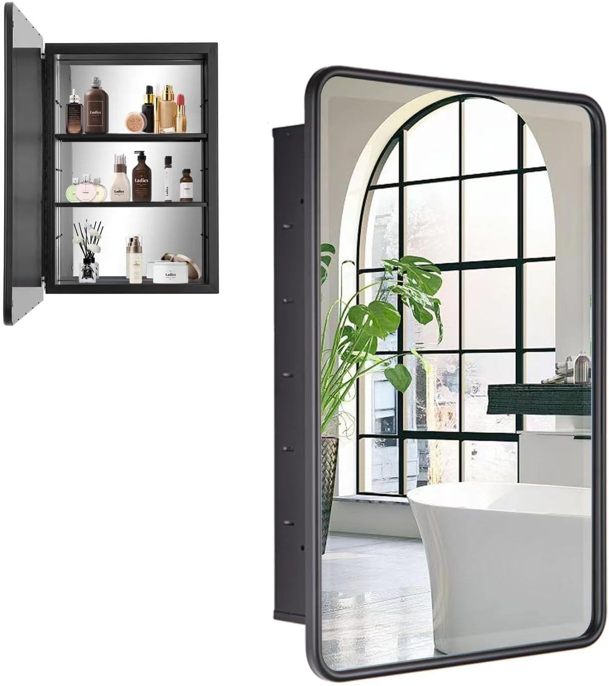 Black Bathroom Medicine Cabinet with Mirror 16 x 24 Metal Frame Recessed Or
