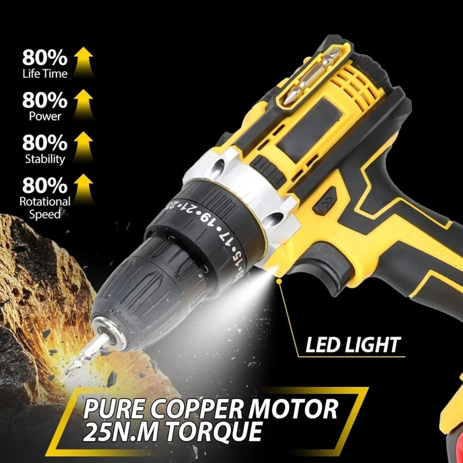 48V Cordless Drill Electric Screwdriver 3/8 Keyless Chuck Work Light