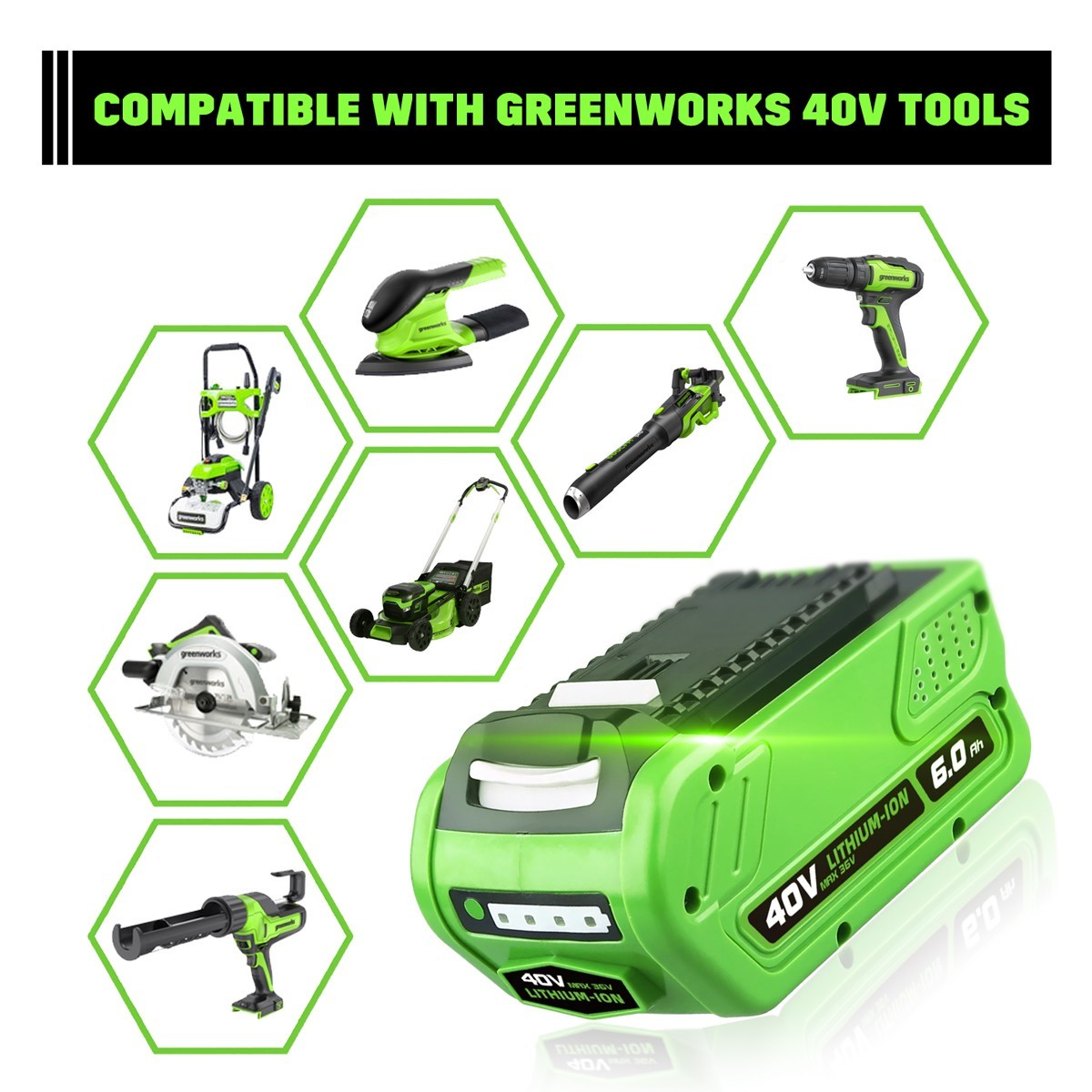 New 40V 6.0Ah For Greenworks 40Volt G-MAX Li-ion Battery 29472 29462 29252 20202