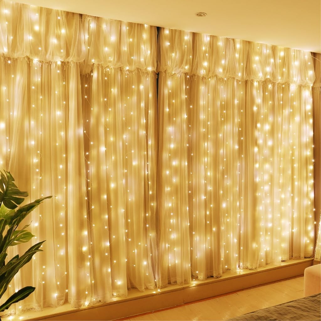 HXWEIYE 300LED Fairy Curtain Lights, 9.8×9.8Ft USB Plug-in 8 Modes Christmas Str