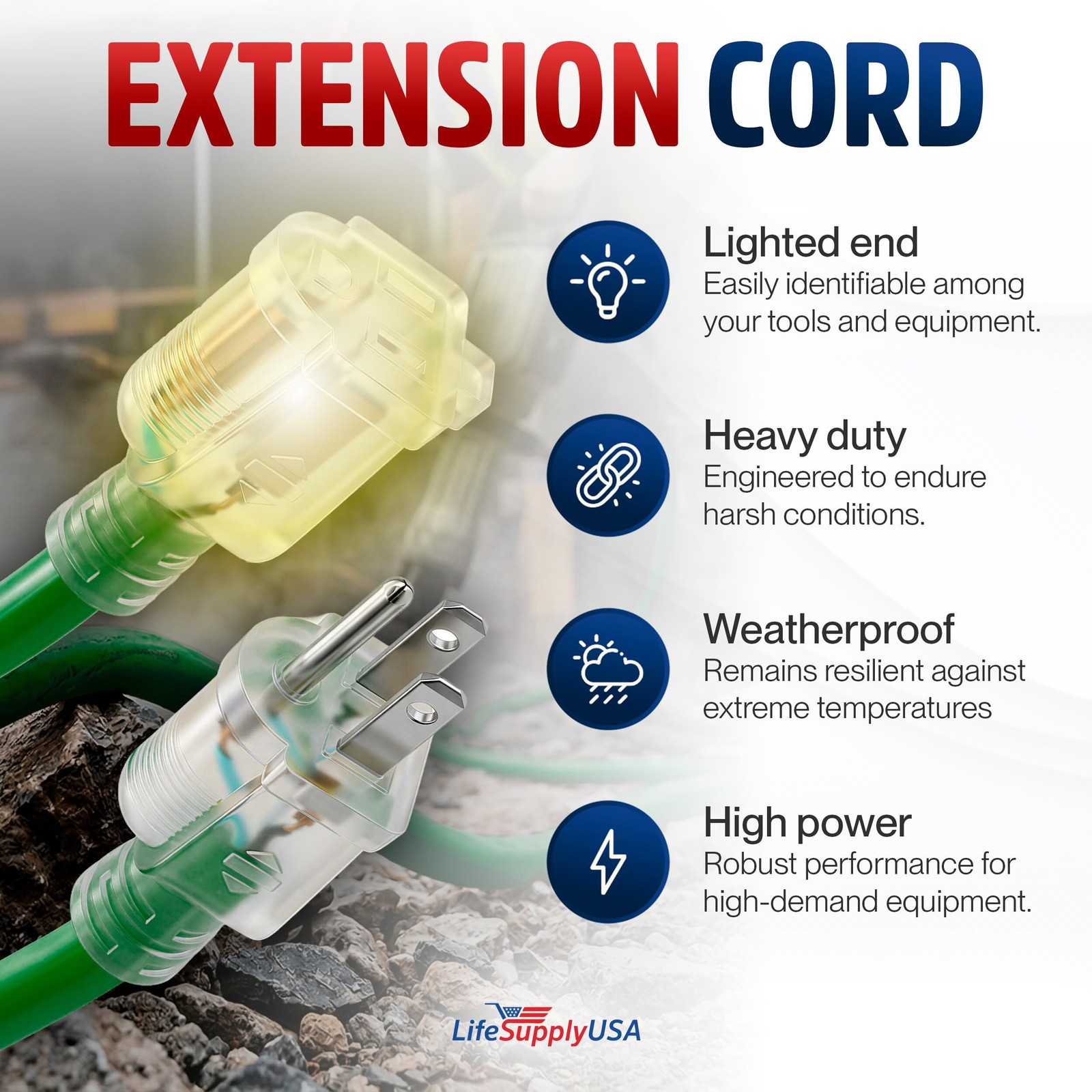 Outdoor/Indoor Extension Cord Heavy Duty 3 Prong SJTW, Flexible Long Power Cord