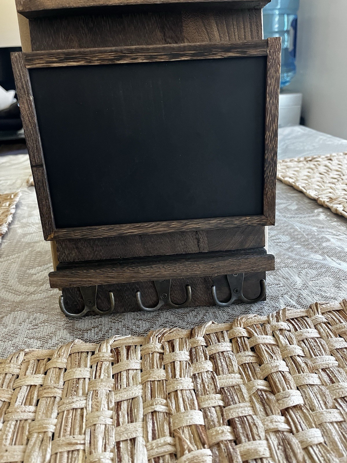 Rustic Wood & Metal Wall-Mount Key Mail Rack, 6 Hooks, 2 Slots, Chalkboards