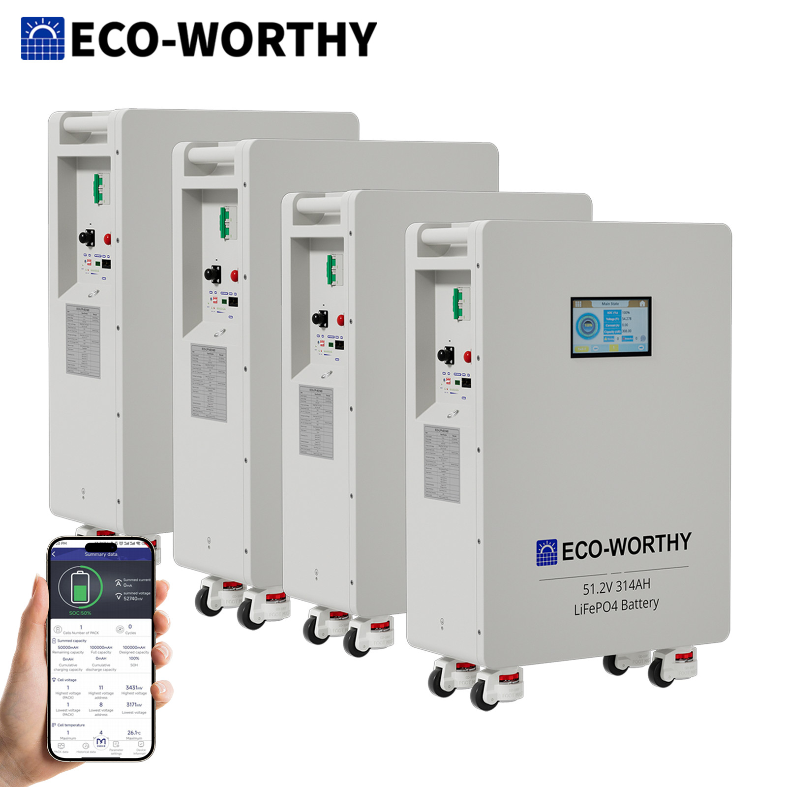 ECO-WORTHY 4Pack 48V 314AH (64.3kWh) LiFePO4 Battery Vertical Standing Backup