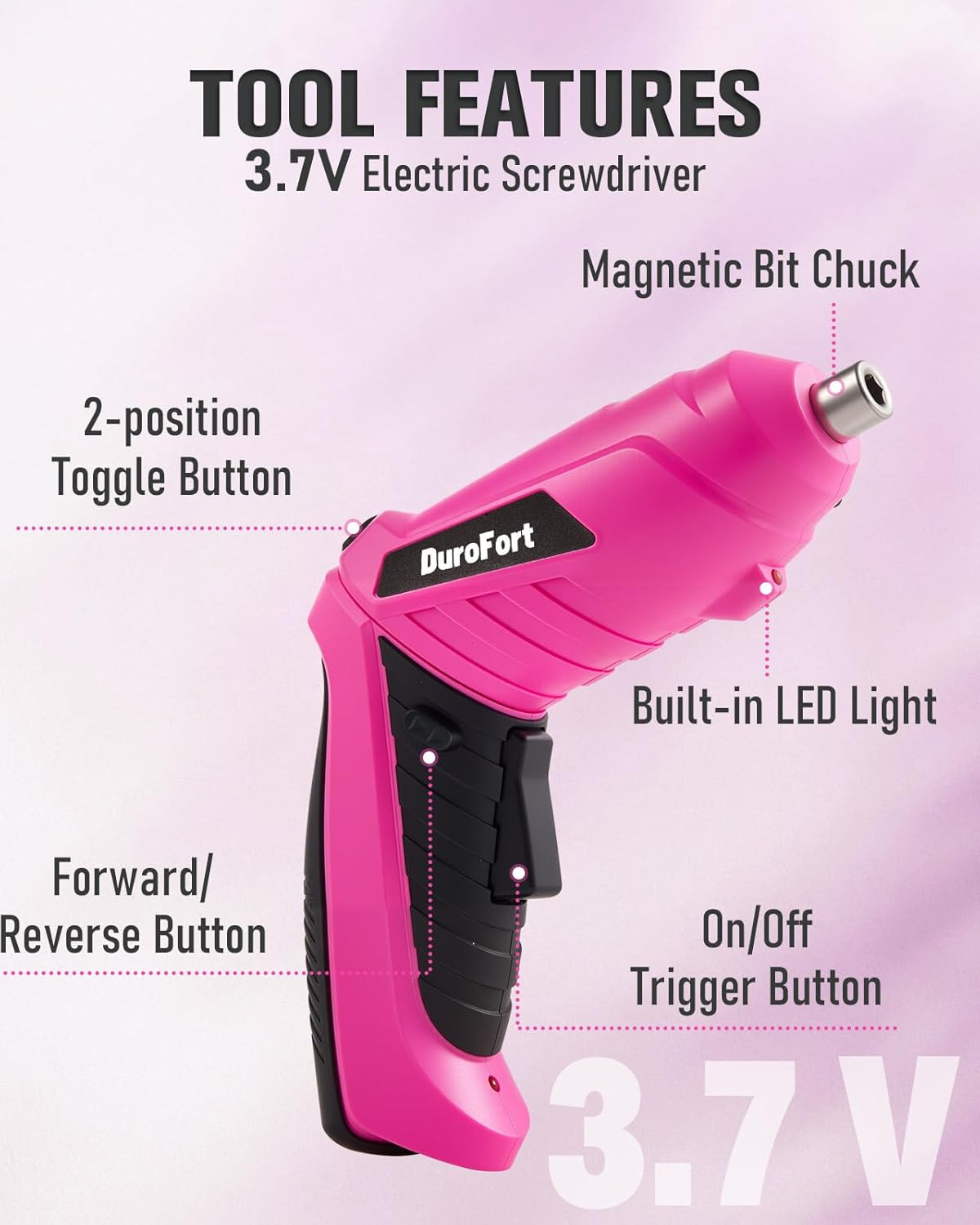 Pink Cordless Electric Screwdriver Set, 3.7V Rechargeable Small Electric Drill w