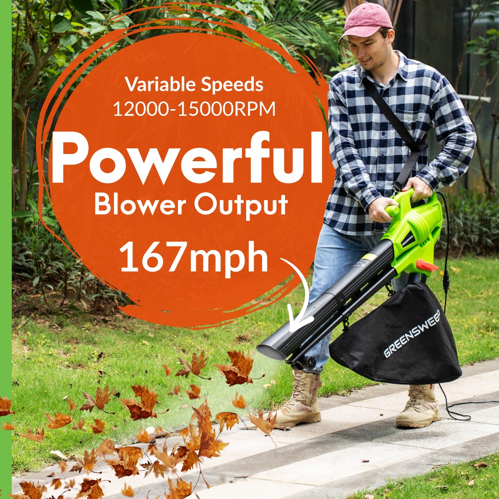GreenSweep 3-in-1 Leaf Blower Vacuum Mulcher 15A – Electric Yard Cleaner