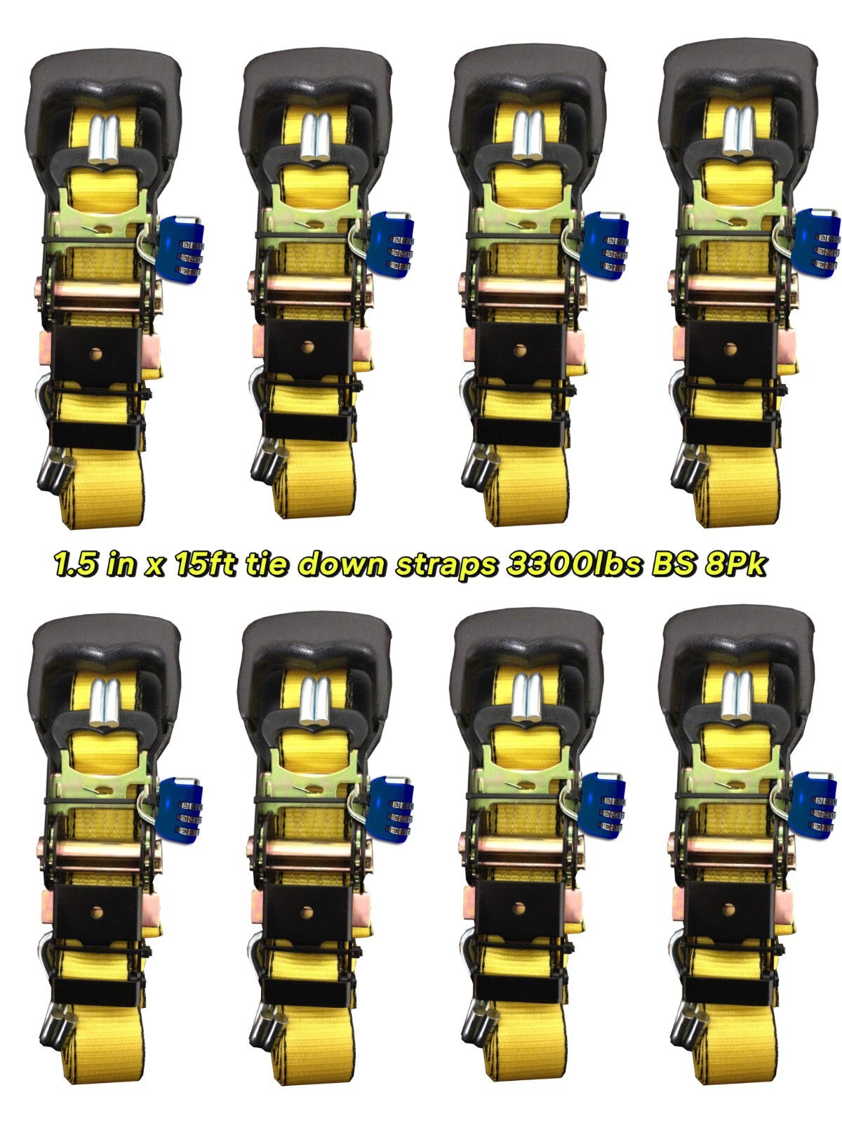 8-PK 1.5in x 15ft Ratchet Tie Down 3300LBS Break Strength 1100LBS Work Limit