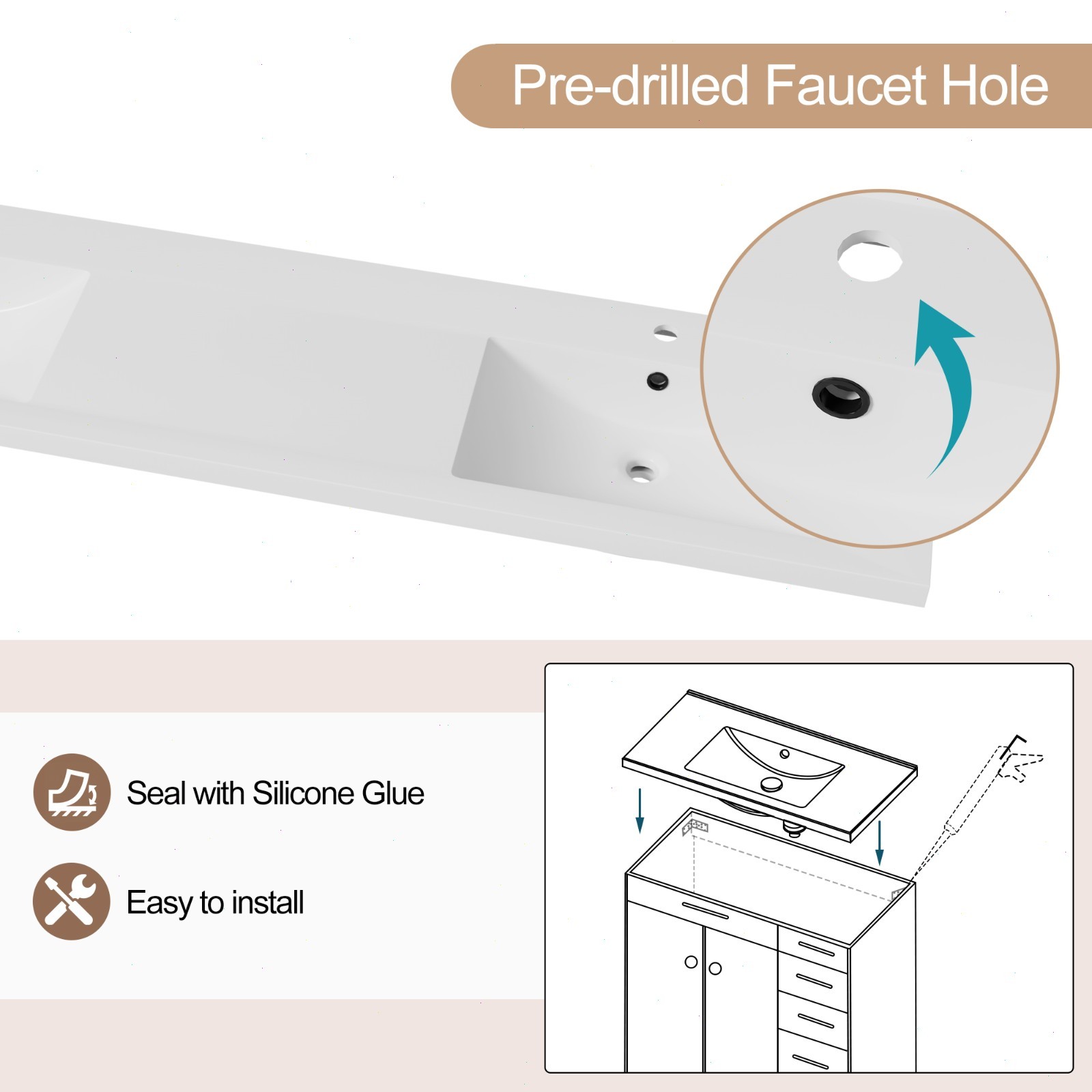 72″ Double Sink Vanity Top Undermount Bathroom Sink
