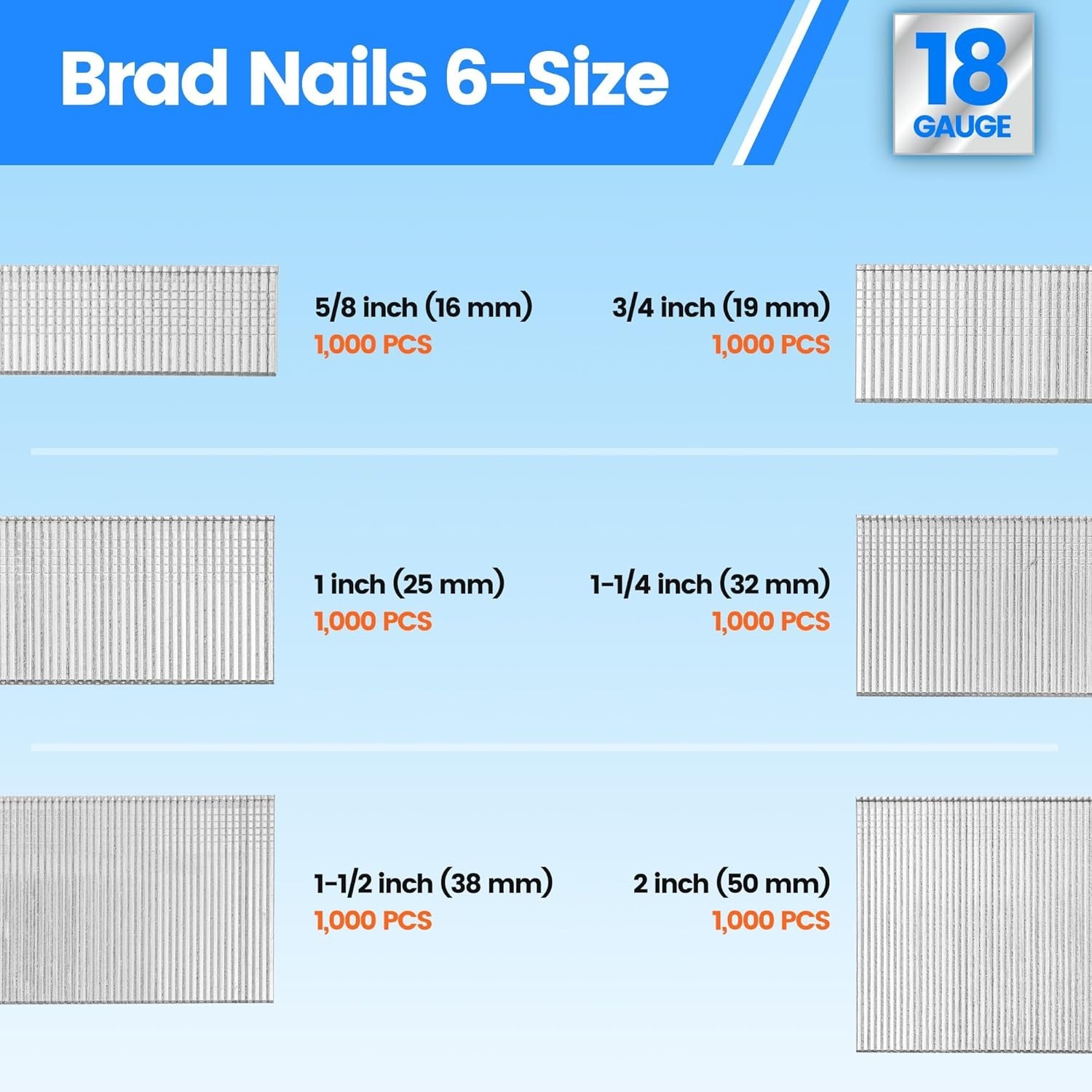 6,000 Counts 18GA Brad Nails 6 Sizes (5/8″, 3/4″, 1″, 1-1/4″, 1-1/2″, 2″) Gal.