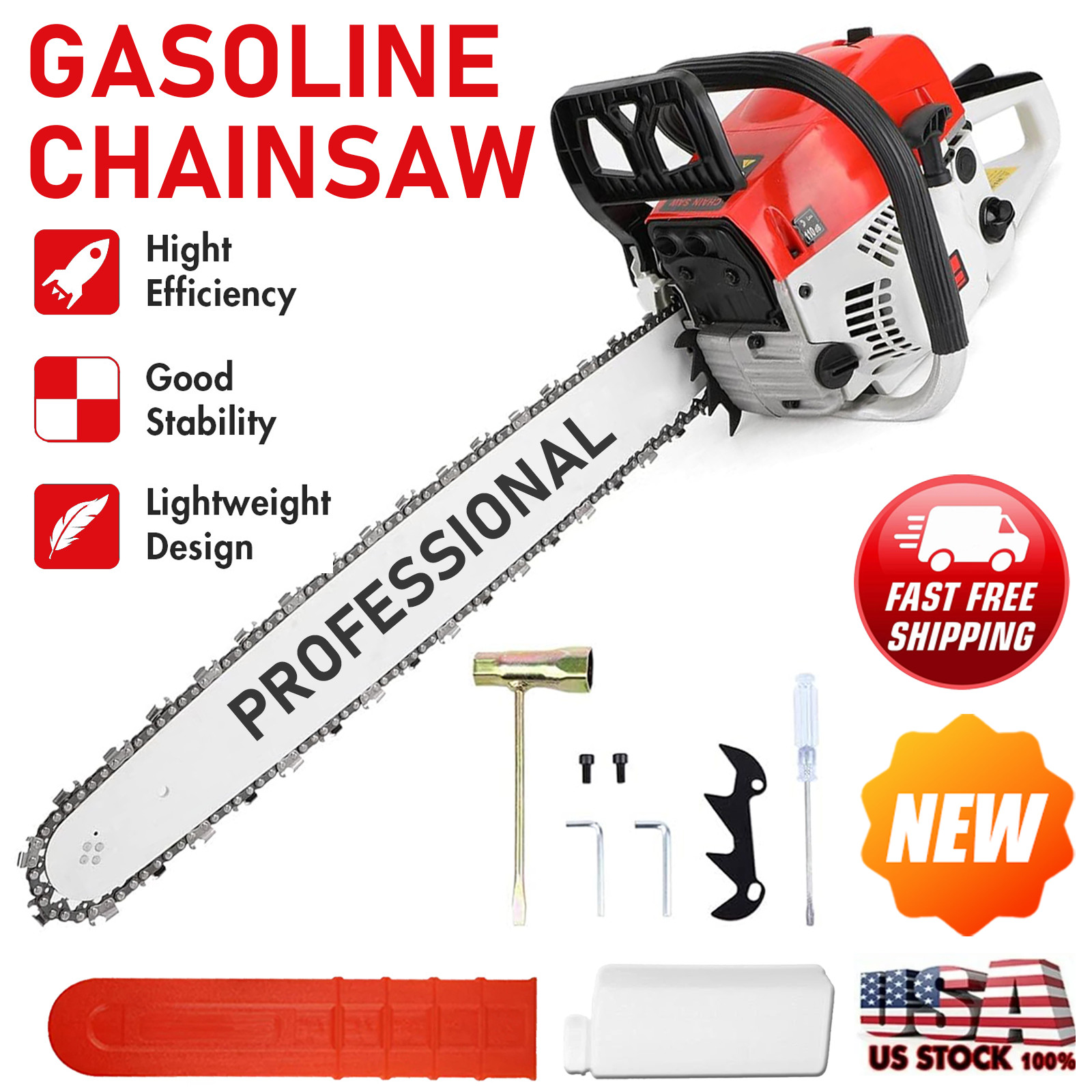 52CC 2Stroke Gasoline Chainsaw 20″ Bar Powered Engine Wood Cutting Gas Chain Saw