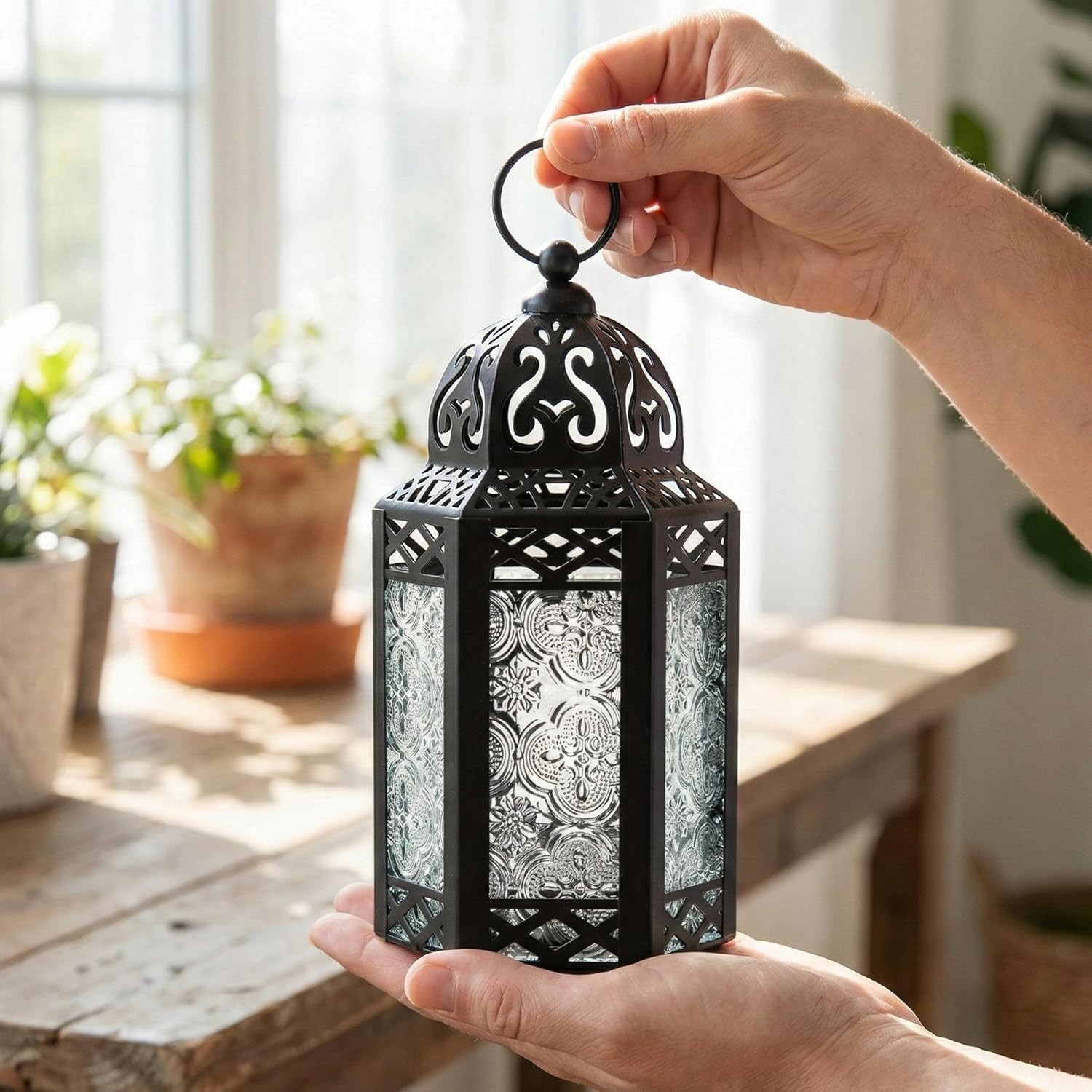 8.5in Moroccan Candle Lantern – Elegant Black Iron & Glass Centerpiece