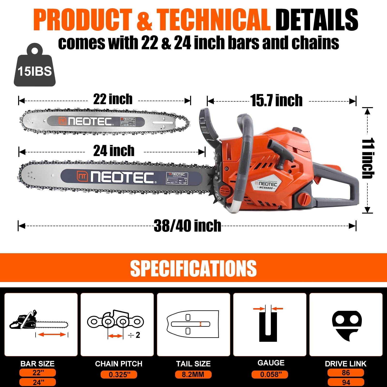 2-Stroke Gasoline Chainsaw 68CC 22″ 24” Bar Power Engine Wood Cutting Chain Saw