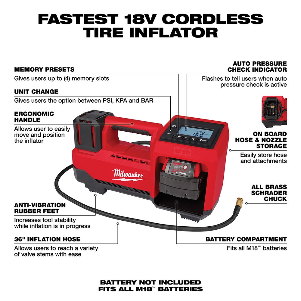 Milwaukee 18V M18 Cordless Compact Tire Inflator, On-Board Hose & Nozzle Storage