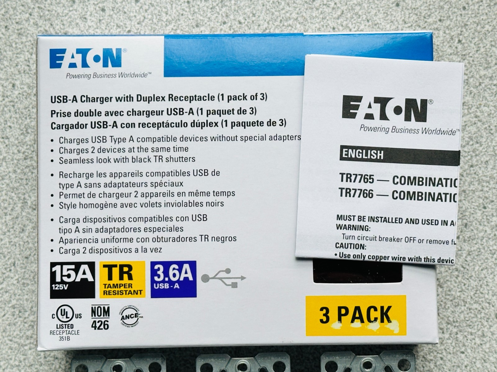 NEW 3 Pack Eaton TR7765W Dual USB-A Charger Duplex Receptacle 15A White TR LOT