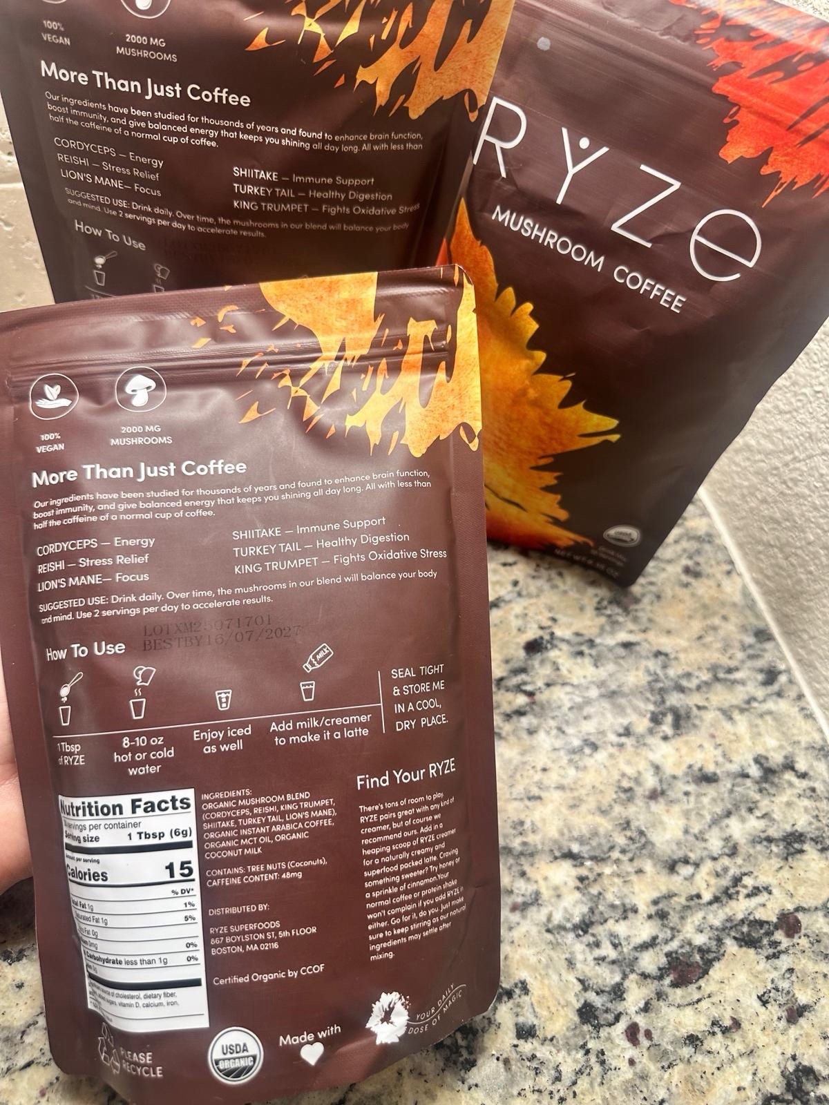 3Pack Ryze Mushroom Coffee. 6.35 oz Each .90 ServingTotal. No Sugar .100% Vegan