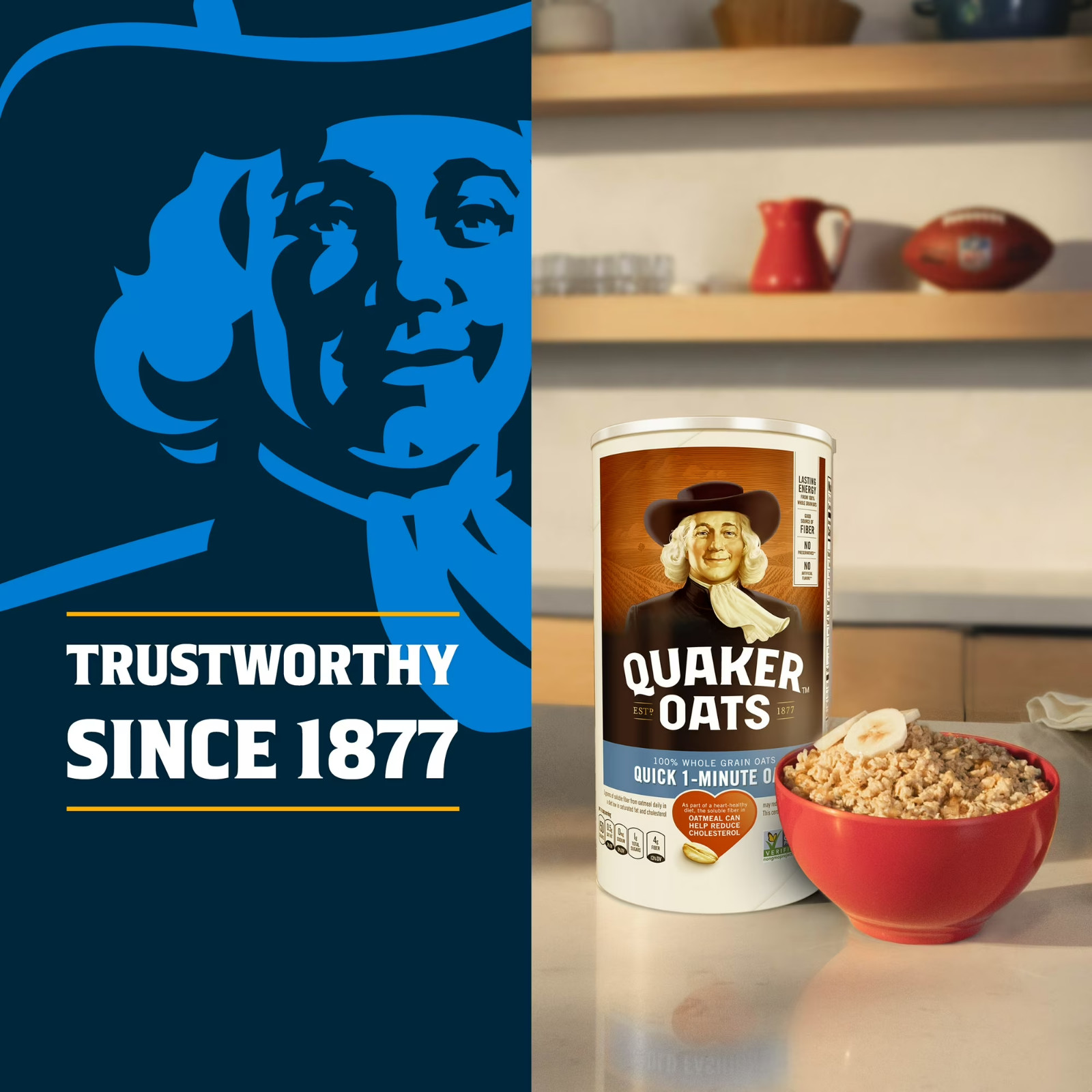 Quaker, Quick 1 Minute Oats, Oatmeal, Quick Cook Oatmeal, 42 oz Canister Dry Oat