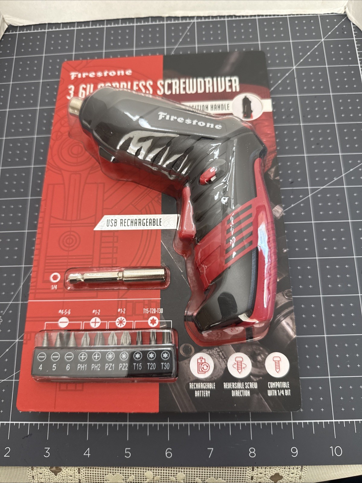 Firestone 3.6V Cordless Screwdriver, 2 Position Handle, USB Rechargeable