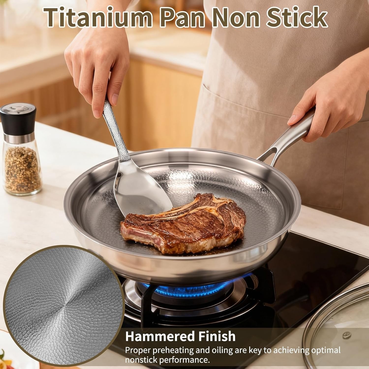 2025 New Titanium Hammered Pan Pro with Lid, Titanium Pans for Cooking -Durable