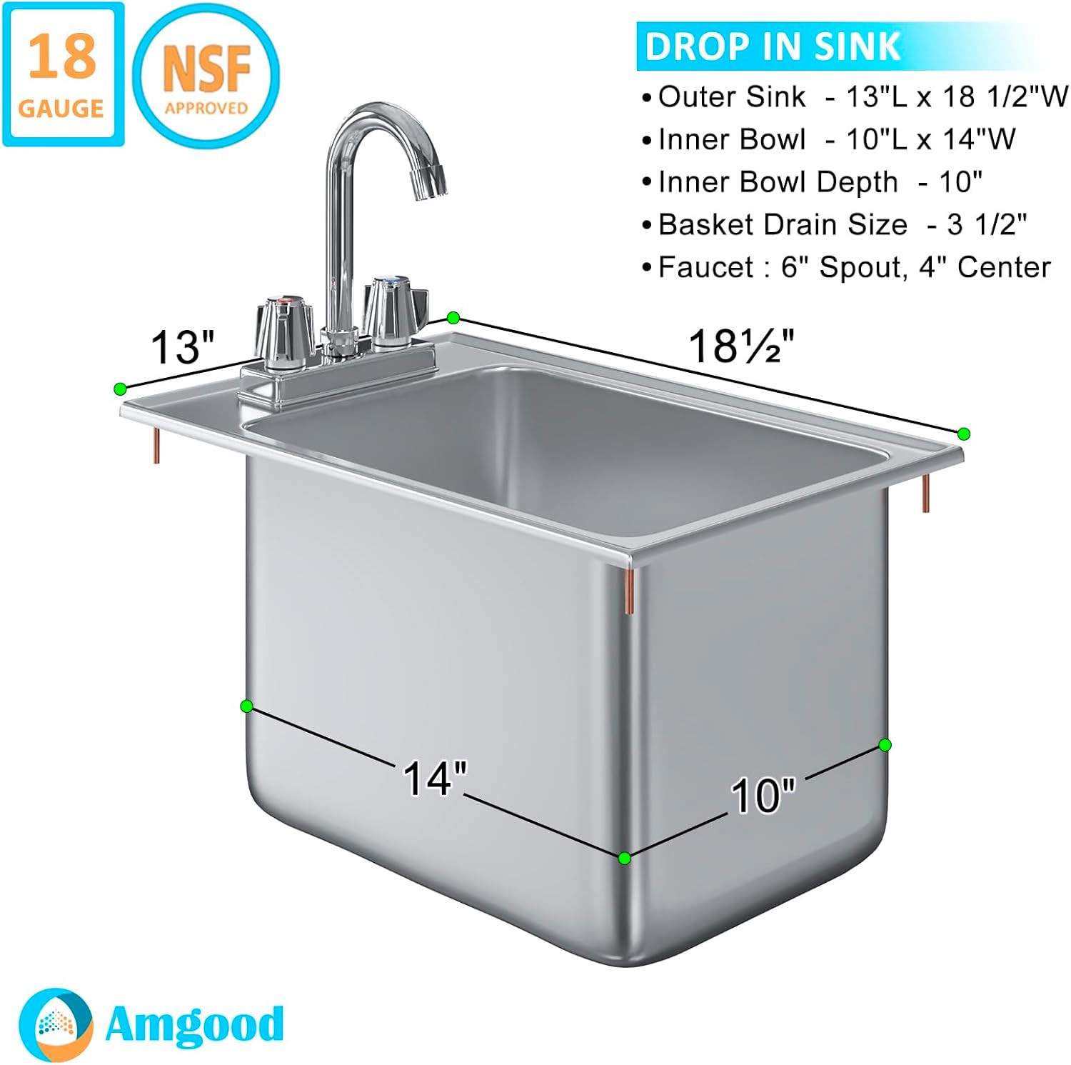 Stainless Steel 1 Compartment Drop-In Sink Bowl 10 In. X 14 In. X 10 In. with Fa