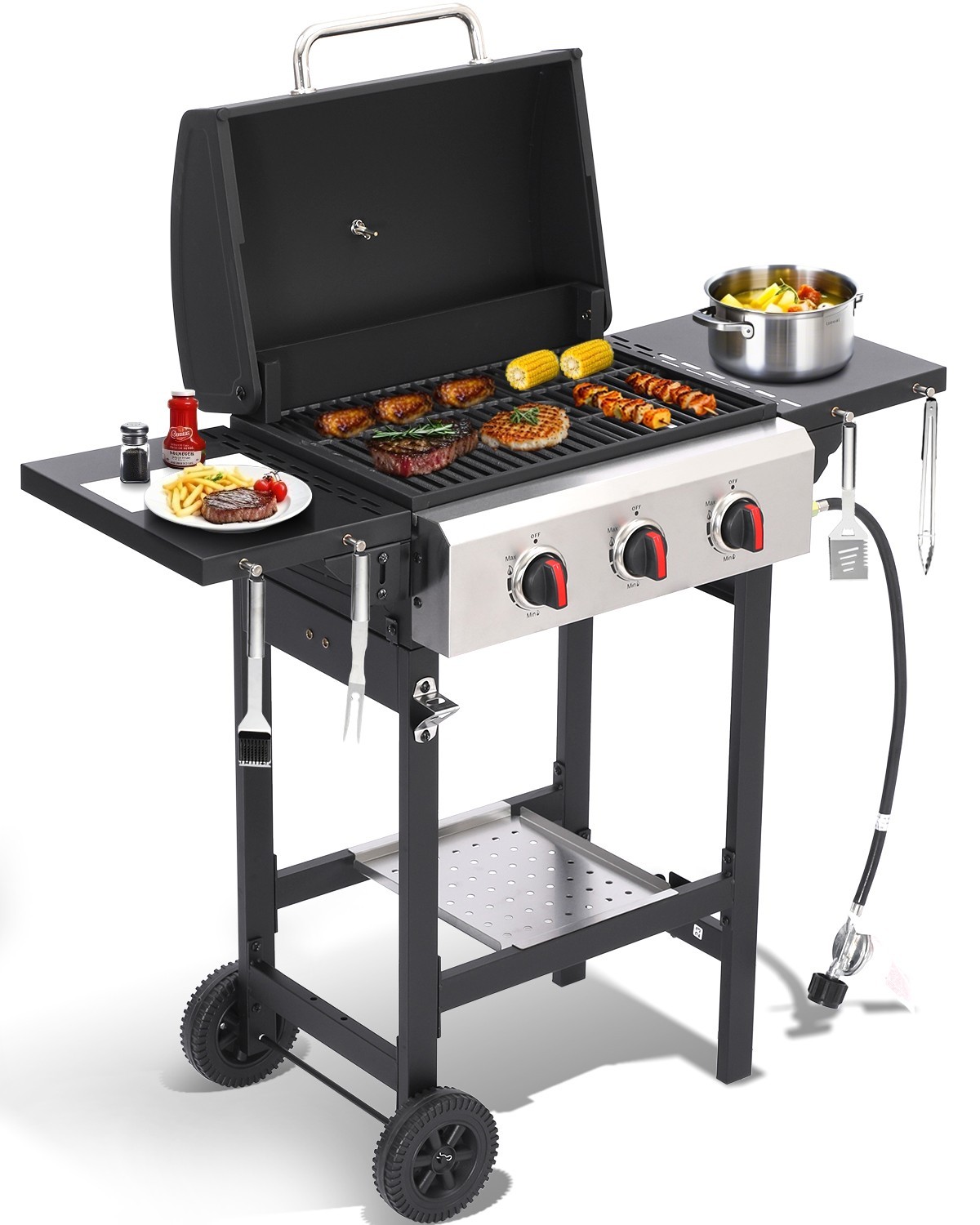 3-Burner Propane Gas Grill with Folding Side Tables, Cast Iron Grate and Pan