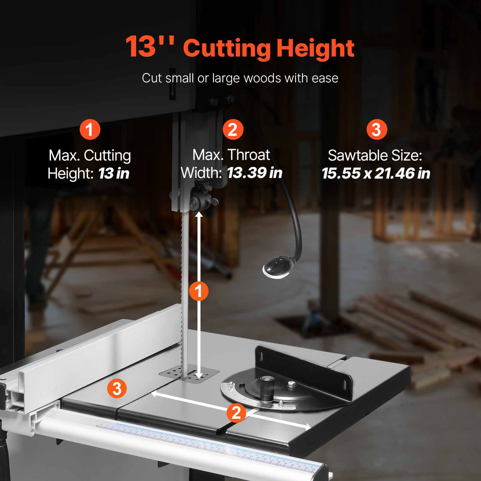 Woodworking Bandsaw 13.39 in Width Benchtop Band Saw 440-846 RPM 1100W 1-1/2HP