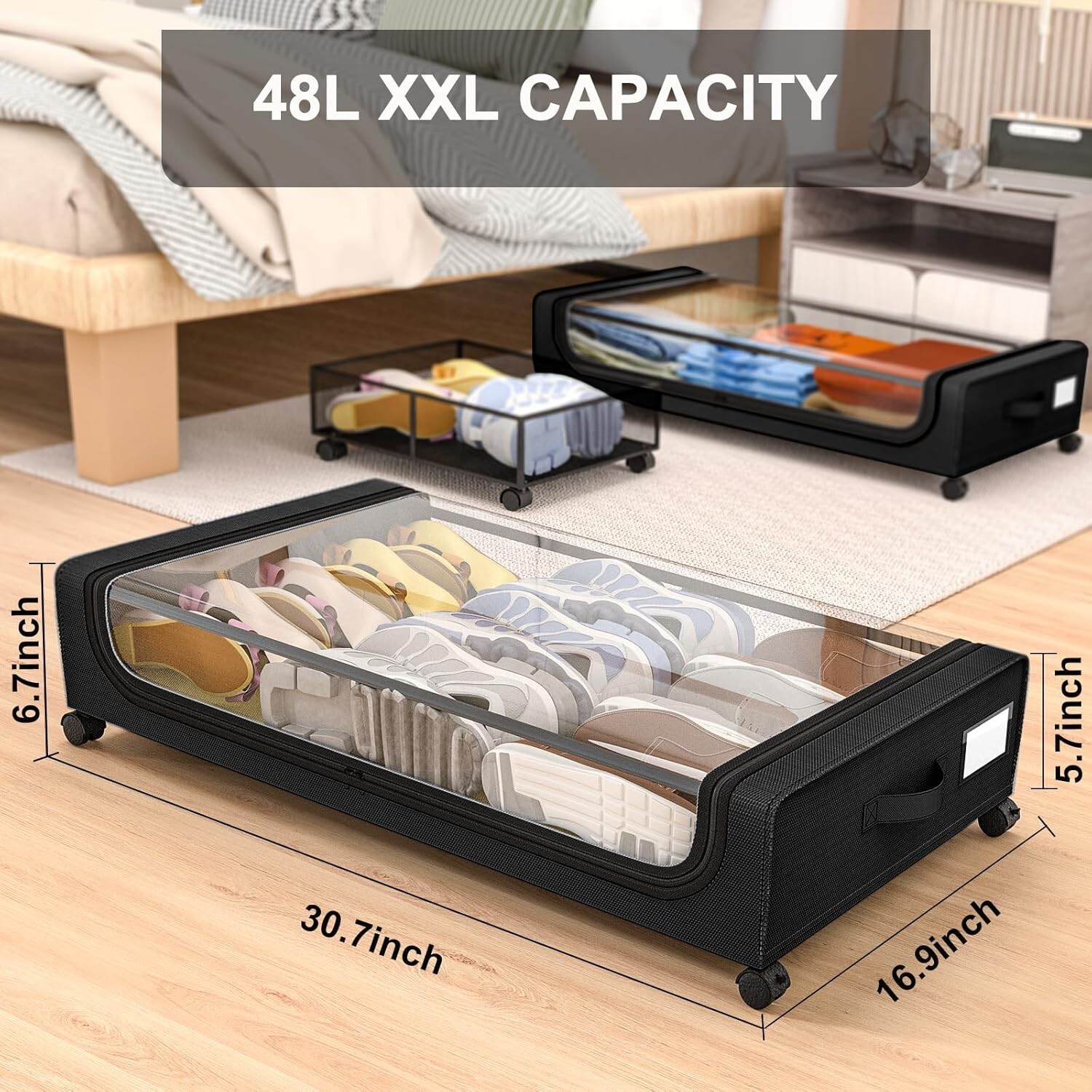 GoMaihe XXL Under Bed Storage | 4-Pack Rolling Bins with Clear Lids for Clothes