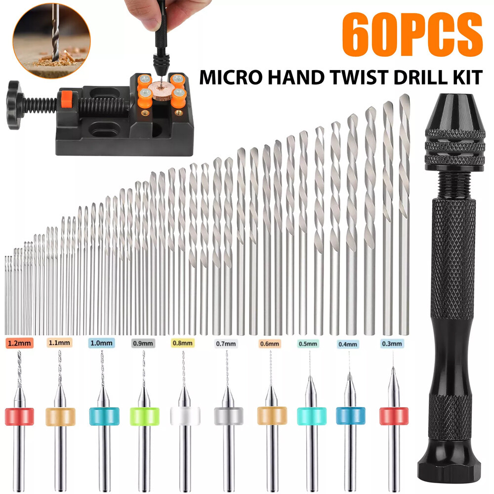 60X Mini Micro Hand Drill Bits Set Small Manual Keyless Chuck Pin Vise Rotary