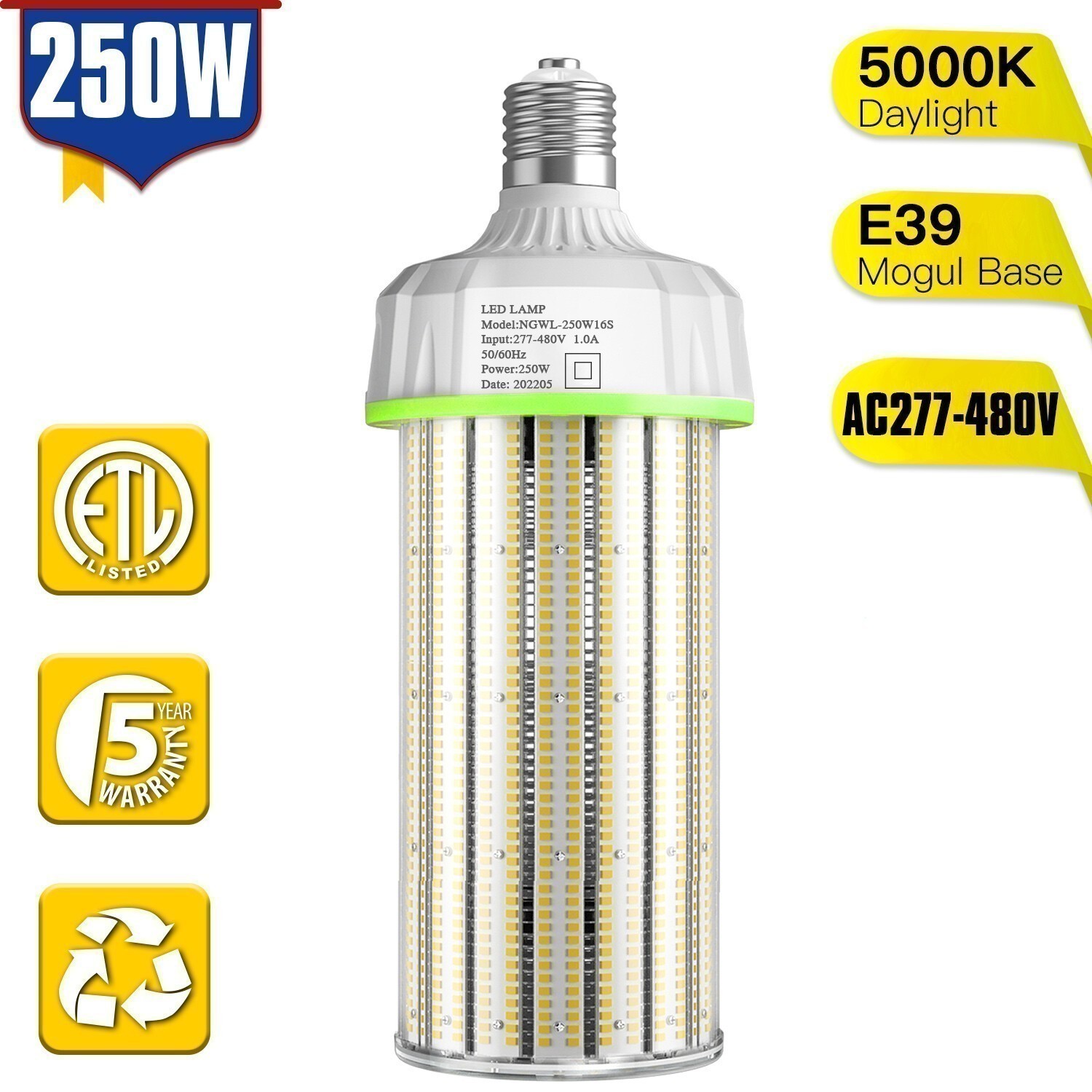 480 Volts 250W LED Corn Light Bulb E39 Base 5000K 36000Lumens Warehouse Lighting
