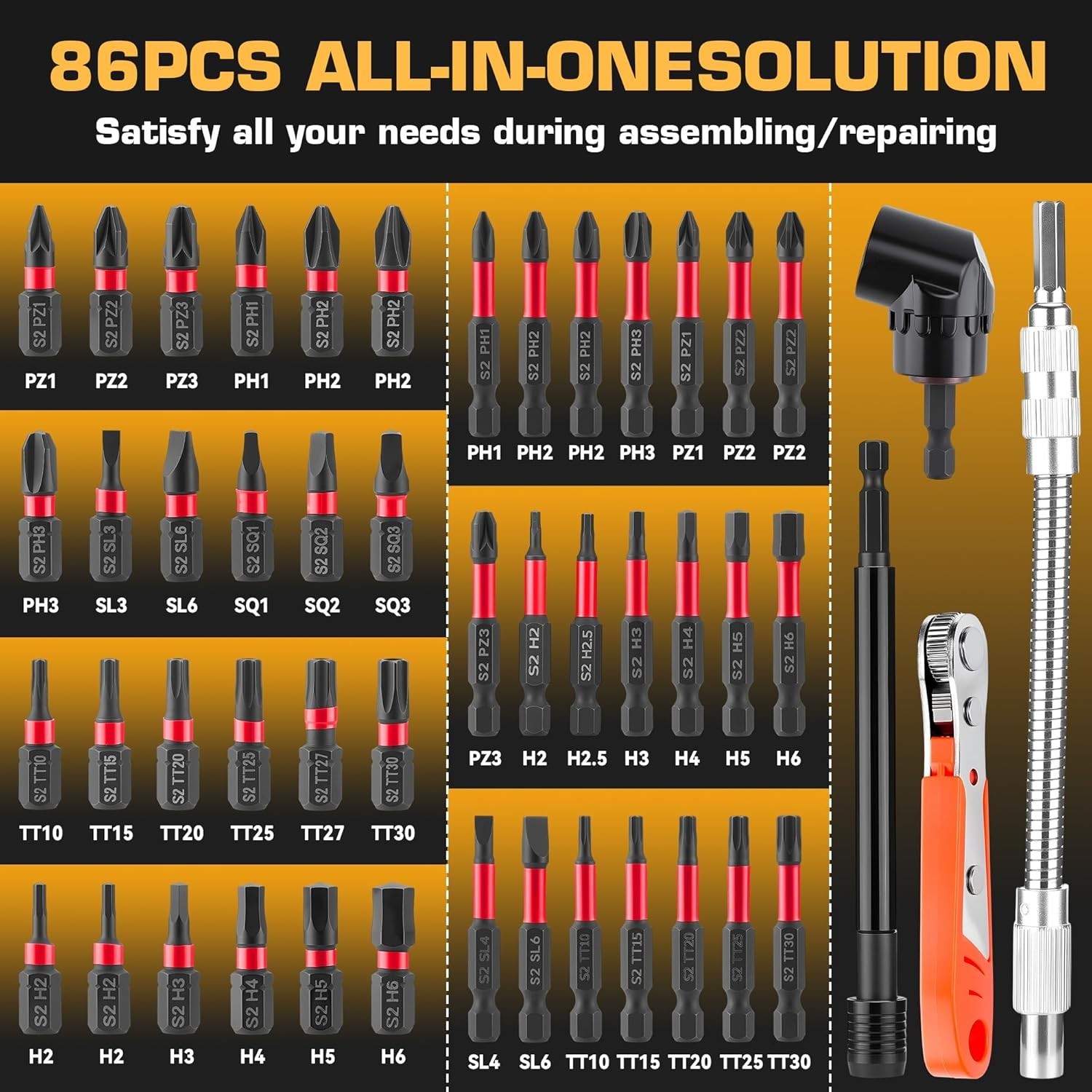 Complete 86-Piece Magnetic Driver Bit Set with Universal Sockets and Adapters