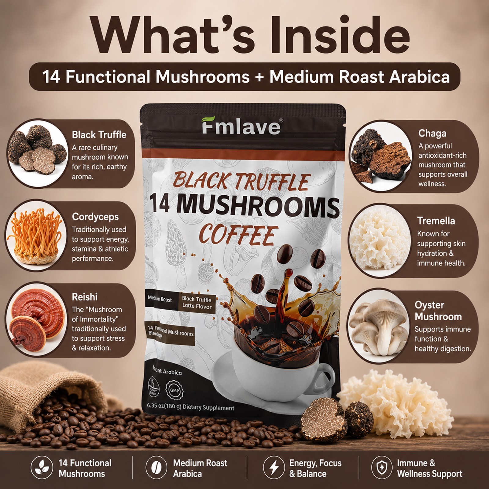 14 in 1 Organic Mushroom Coffee, 15 Servings, Energy & Brain Boost Free Shipping