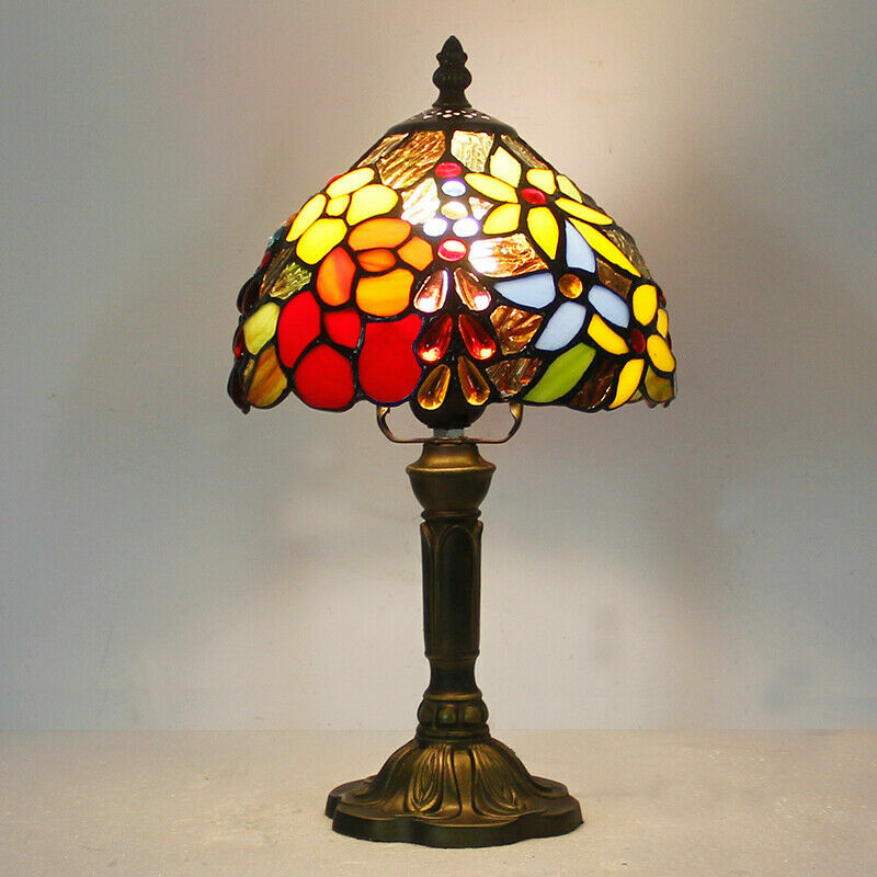 US Dia 8″ H14.5″ Retro Handmade Stained Glass Rose Tiffany Table Accent Lamp